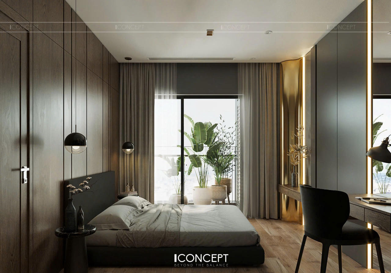 Phòng ngủ được bao phủ bởi sắc xám dịu nhẹ, kết hợp cùng ánh sáng tự nhiên từ cửa sổ lớn, mang đến cảm giác thư giãn, dễ chịu nhưng vẫn thể hiện cá tính mạnh mẽ của Gia chủ.