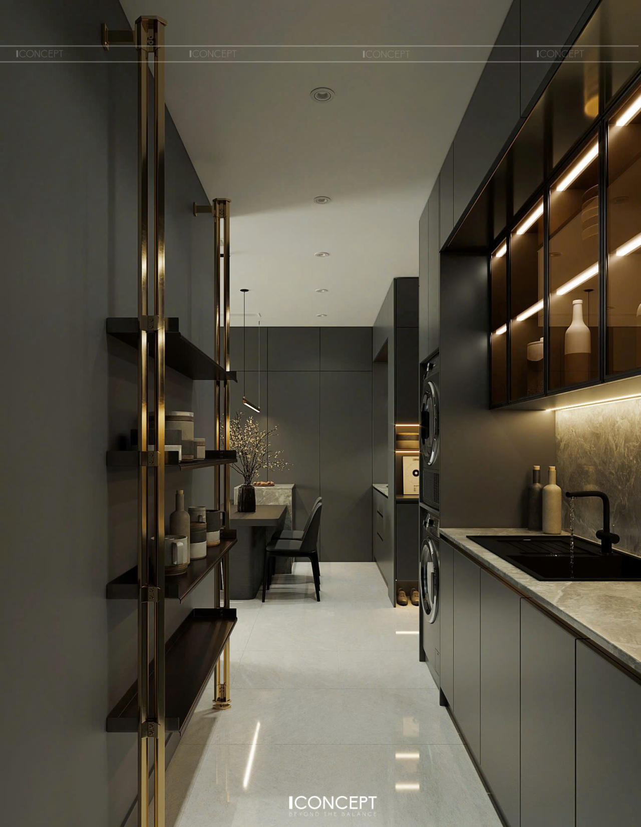 Trong khi đó, khu vực bếp được bố trí gọn gàng với hệ tủ phẳng phủ laminate hoặc acrylic bóng mờ, đảo bếp kết hợp quầy bar giúp tăng tính tiện nghi mà vẫn đảm bảo tính thẩm mỹ.
