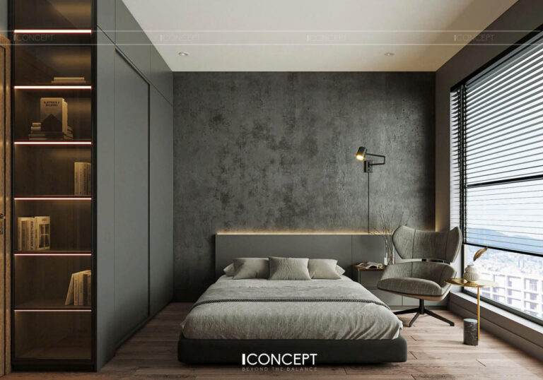 Phòng ngủ được bao phủ bởi các lớp màu xám – từ xám nhạt của tường, xám ghi của ga giường, đến xám đậm của tủ gỗ và đầu giường – tất cả tạo nên một bản phối màu đầy chiều sâu, tinh tế và thư giãn.