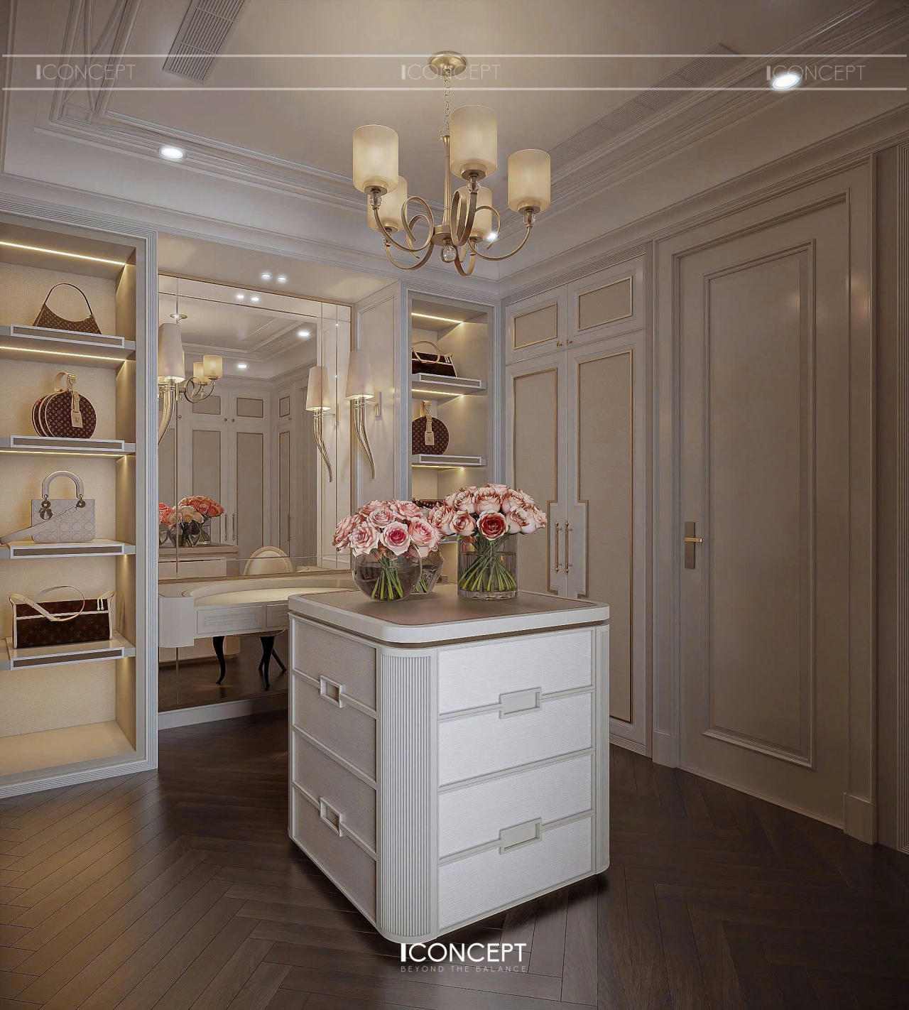 Hệ tủ âm tường cánh kính trong suốt xen lẫn panel gỗ truyền thống tạo chiều sâu và sự sang trọng.