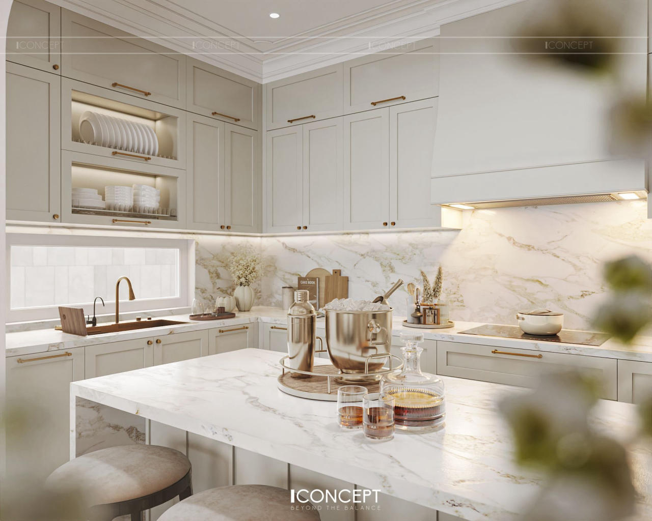 Mặt bếp và đảo bếp: Ốp đá marble vân mây cao cấp, không chỉ sang trọng mà còn dễ lau chùi, chịu lực – mang lại giá trị sử dụng lâu dài.