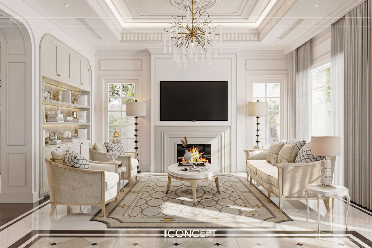 Với bố cục đối xứng đặc trưng của phong cách Neo Classic, phòng khách biệt thự được sắp xếp hợp lý giữa tính thẩm mỹ và công năng sử dụng.