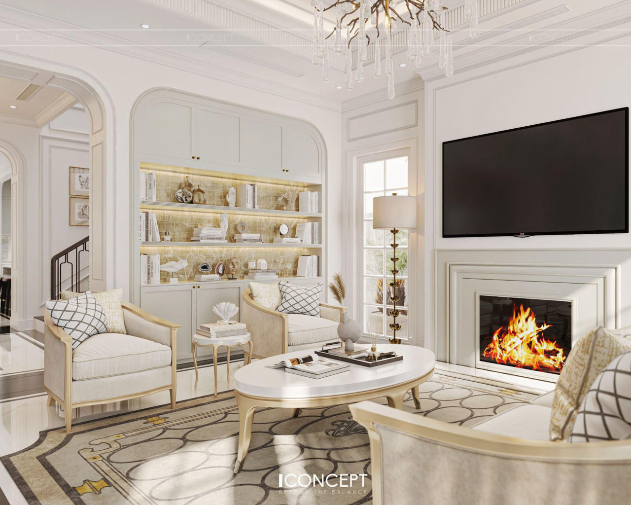Bộ sofa bọc nỉ cao cấp với thiết kế tay cong mềm mại, chân inox mạ vàng mang vẻ đẹp cổ điển hiện đại.