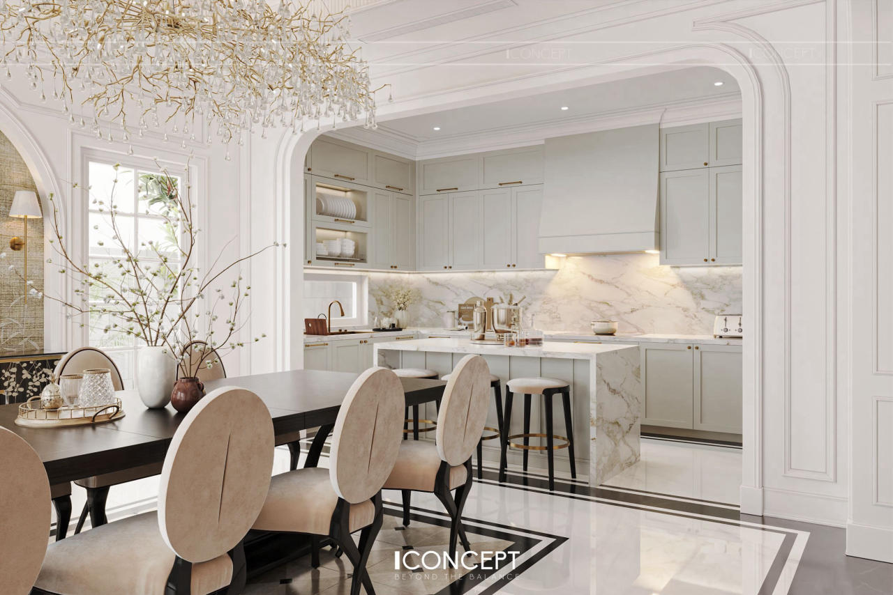 Tủ bếp: Được thiết kế dạng âm tường, sử dụng chất liệu MDF chống ẩm phủ sơn 2K cao cấp màu trắng ngà, kết hợp các đường viền chỉ vàng ánh kim – đặc trưng của phong cách Neo Classic.