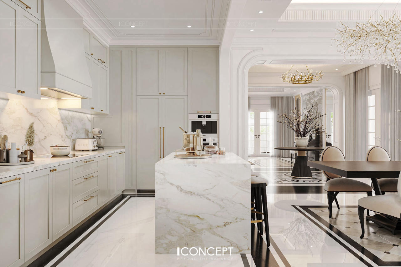 Sự kết hợp của gỗ tự nhiên, đá marble, da thật, kim loại ánh vàng hoặc đồng cổ, tạo nên tổng thể thanh lịch nhưng đầy ấn tượng.