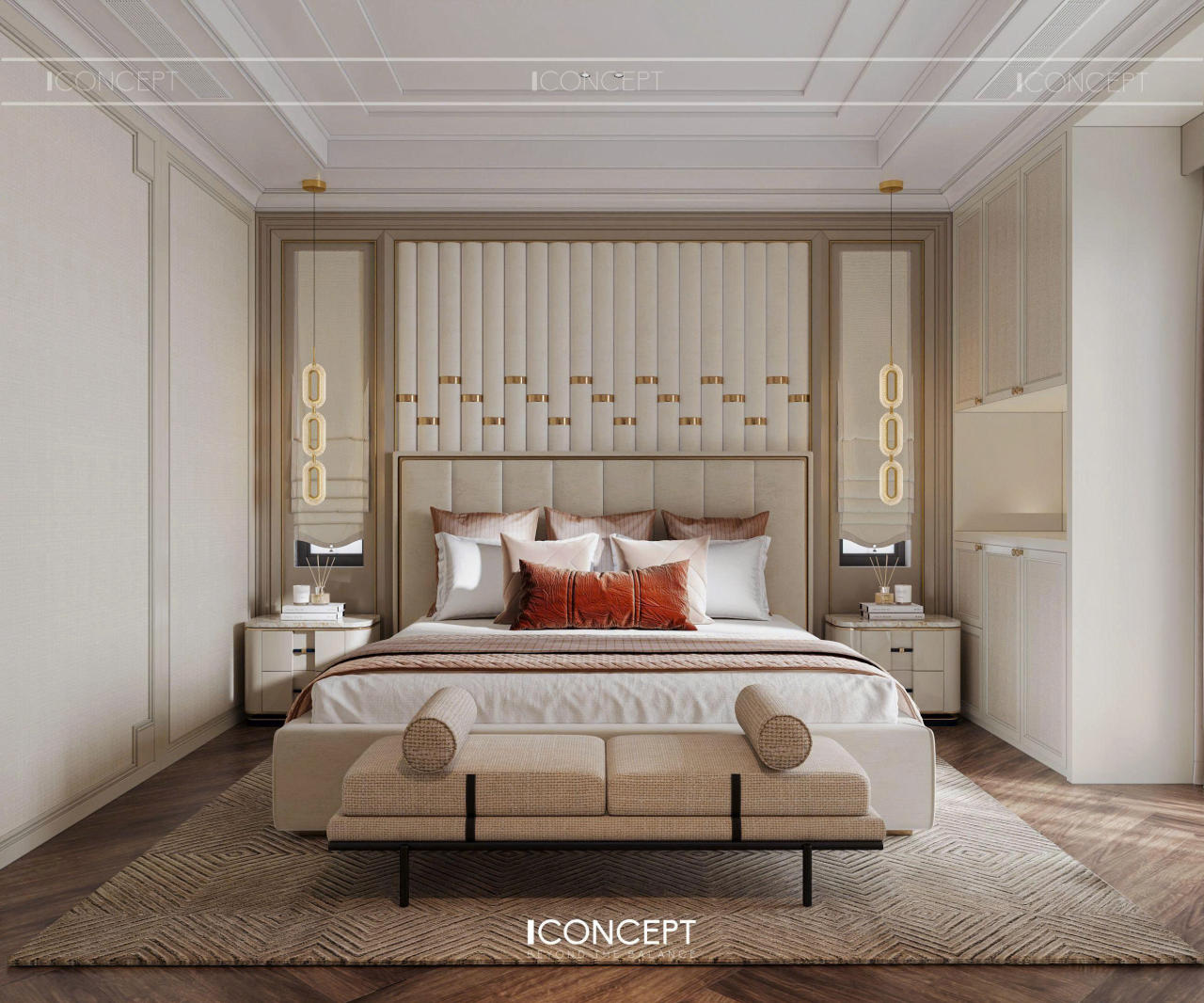 Chiếc giường king size bọc nỉ nhung cao cấp với tone màu be sáng, kết hợp cùng đầu giường ốp da chần bông tạo cảm giác mềm mại, ấm áp nhưng vẫn vô cùng thanh lịch.