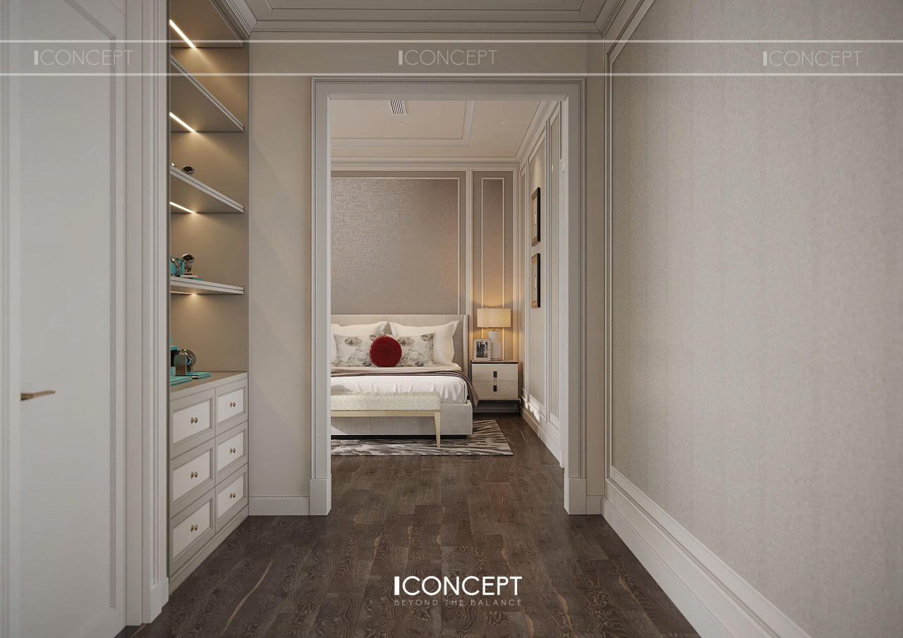 Bề mặt phủ laminate màu kem nhạt, kết hợp hệ đèn led cảm ứng bên trong giúp gia chủ dễ dàng sắp xếp và lựa chọn trang phục mỗi ngày.
