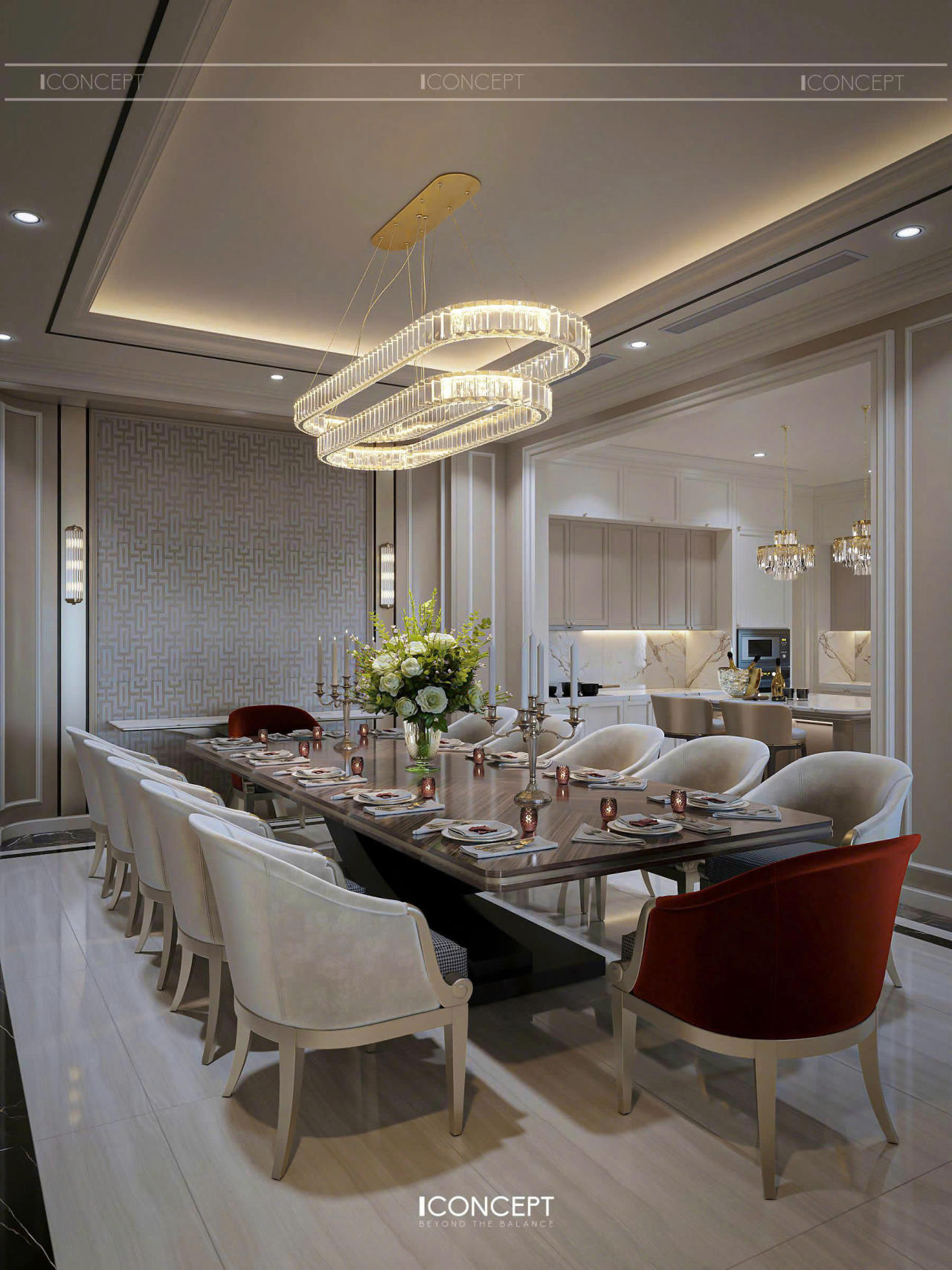 Bàn ăn lớn với sức chứa 10 người được thiết kế cân đối, sử dụng mặt đá marble tự nhiên nhập khẩu, kết hợp cùng chân bàn kim loại mạ vàng tạo nên điểm nhấn sang trọng
