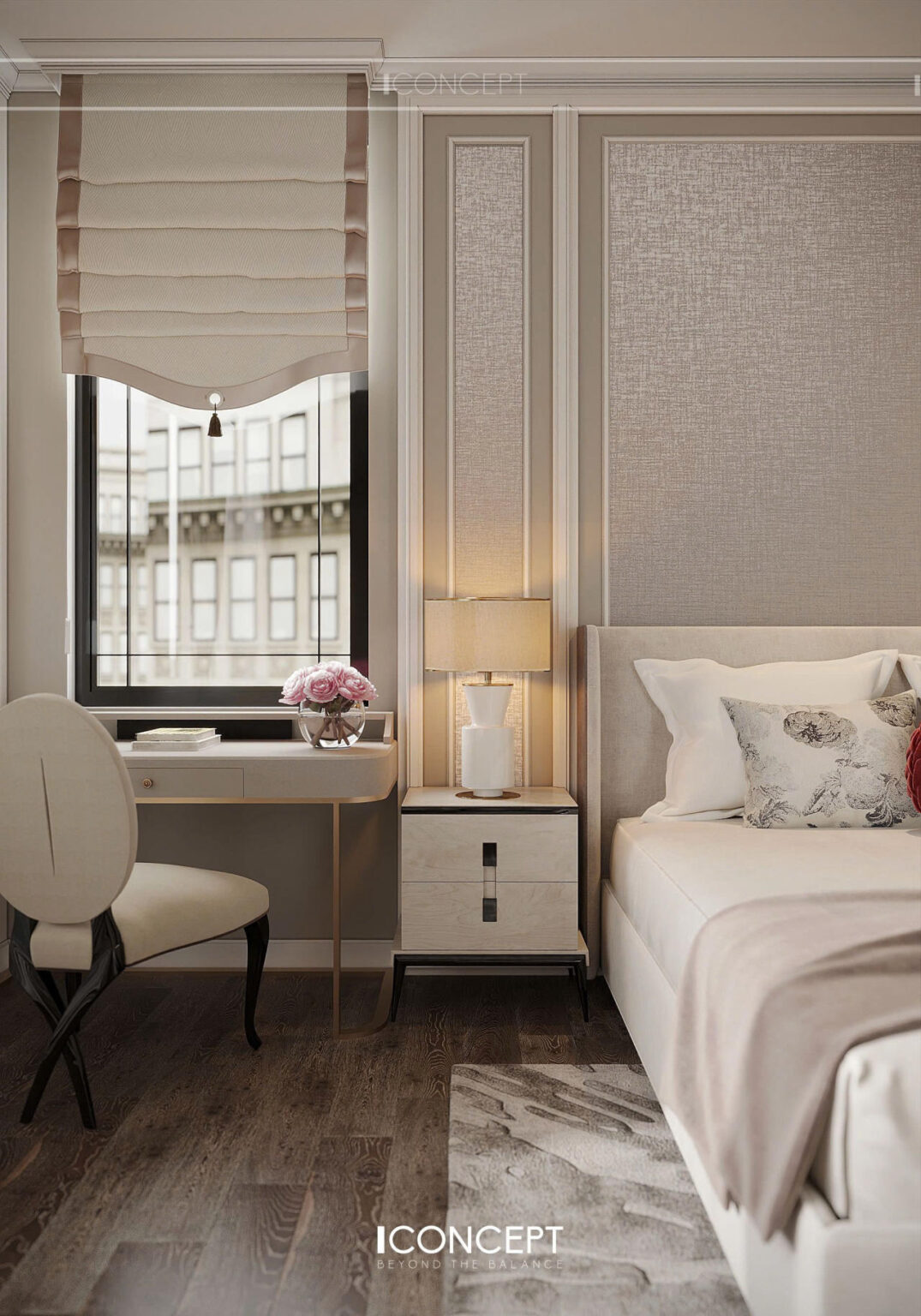 Bàn trang điểm nhỏ gọn đặt cạnh cửa sổ, mặt đá vân mây trắng kết hợp ghế đôn bọc vải be mềm mại.