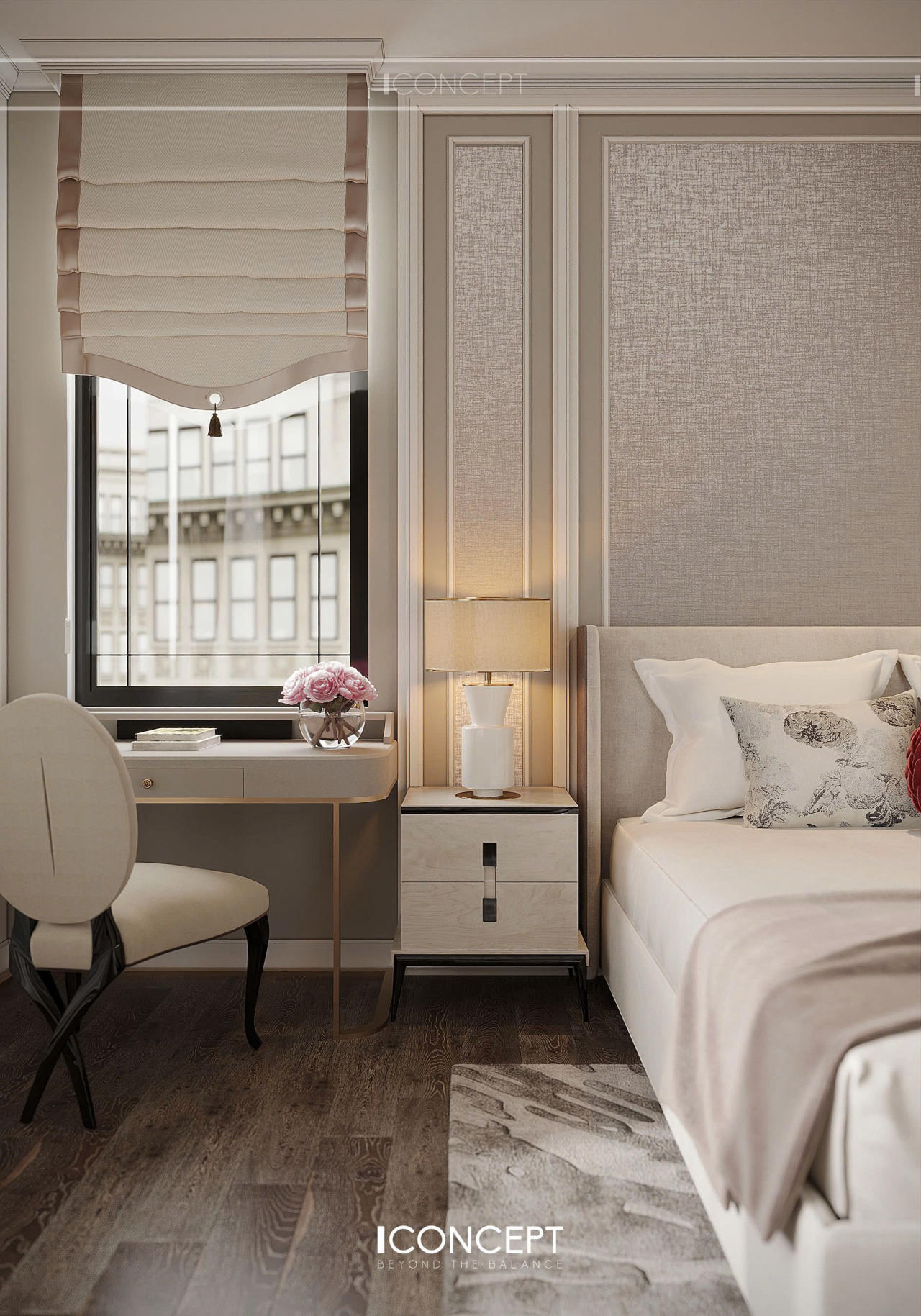 Bàn trang điểm nhỏ gọn đặt cạnh cửa sổ, mặt đá vân mây trắng kết hợp ghế đôn bọc vải be mềm mại.