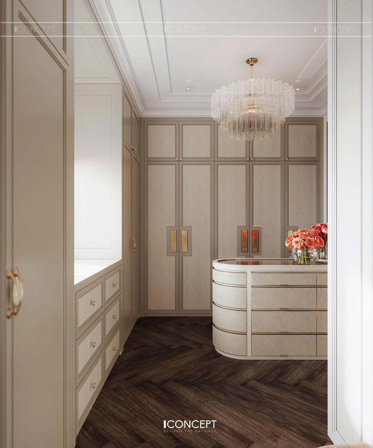Walking closet được thiết kế âm tường rộng rãi, sử dụng hệ tủ gỗ sang trọng