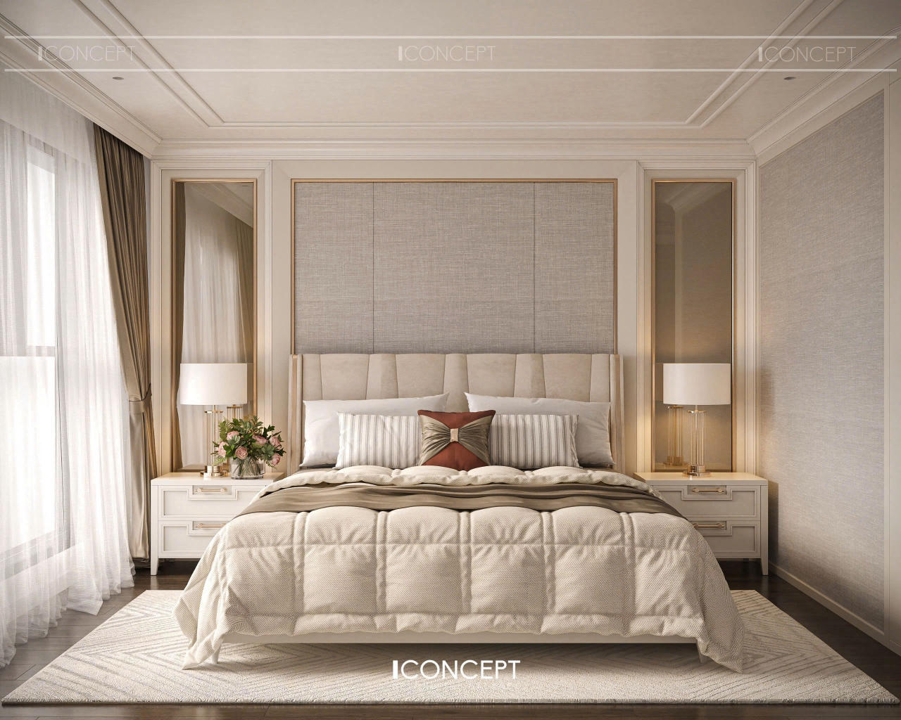 Giường ngủ thiết kế đầu giường bọc nệm nỉ vân linen màu beige sang trọng.