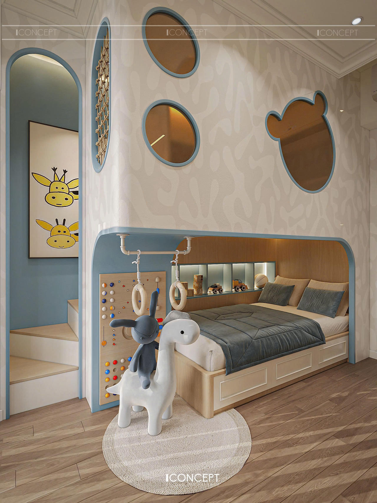 Sự phối hợp giữa màu trắng, xanh pastel dịu nhẹ và các chi tiết vàng cam ấm áp giúp kích thích thị giác nhưng không gây rối mắt cho bé, đồng thời tạo cảm giác thư giãn mỗi khi nghỉ ngơi.