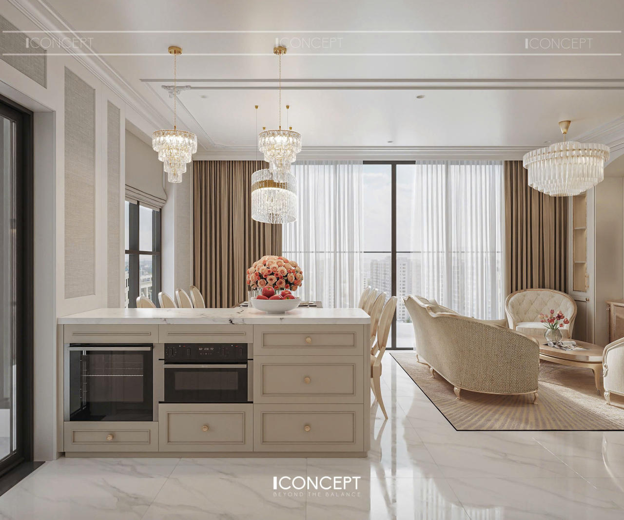 Không gian bếp được thiết kế mở, liền mạch với phòng ăn và phòng khách, mang đến cảm giác rộng rãi