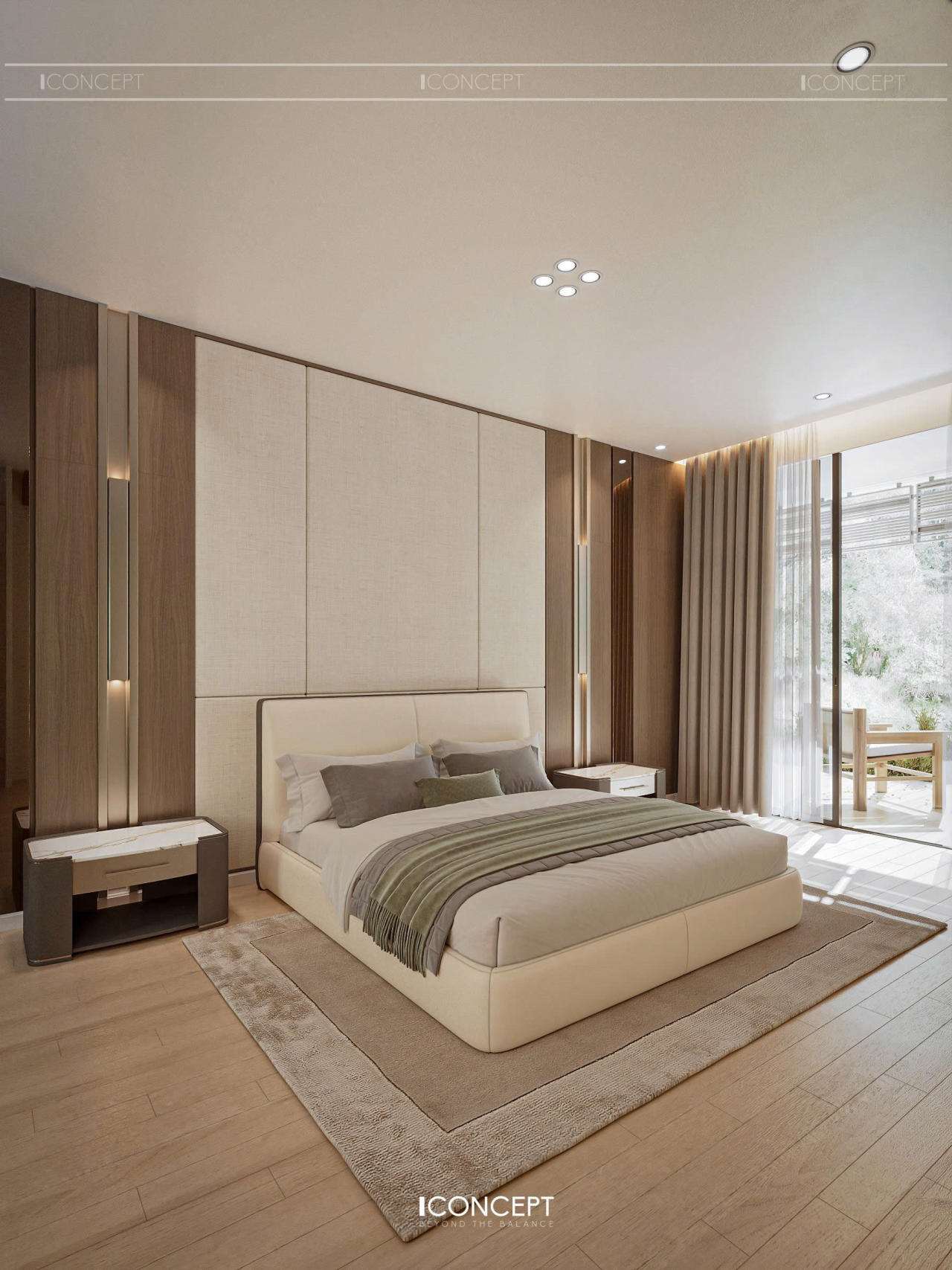 Cửa kính mở ra ban công riêng, hướng vườn xanh mát. Hệ tủ walk-in ẩn sau vách ngăn, tối ưu công năng lưu trữ mà vẫn giữ sự gọn gàng, tinh tế.