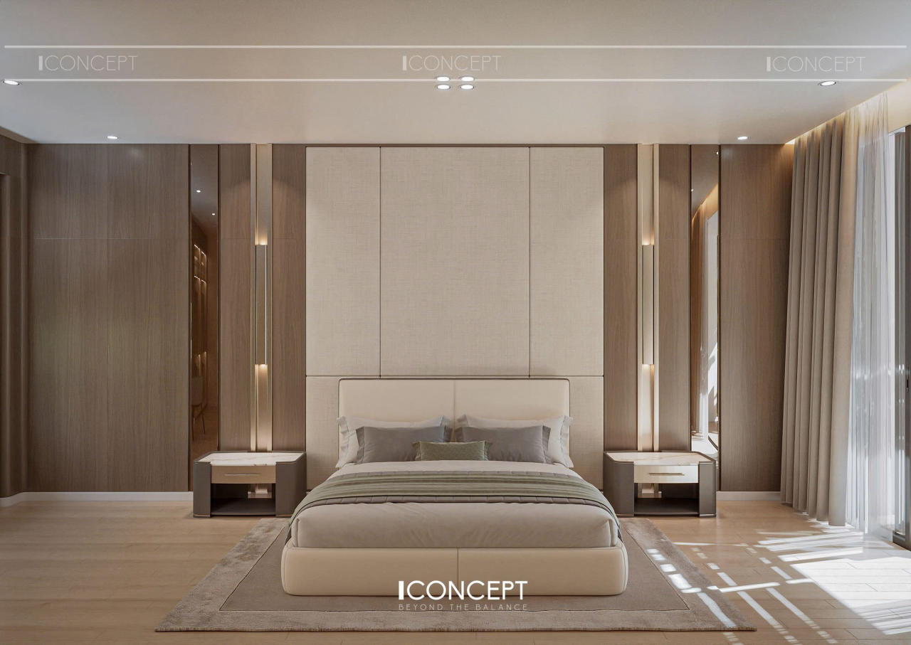 Giường lớn bọc nỉ cao cấp tone be nhạt, vách đầu giường ốp gỗ kết hợp vải mềm tạo điểm nhấn ấm cúng