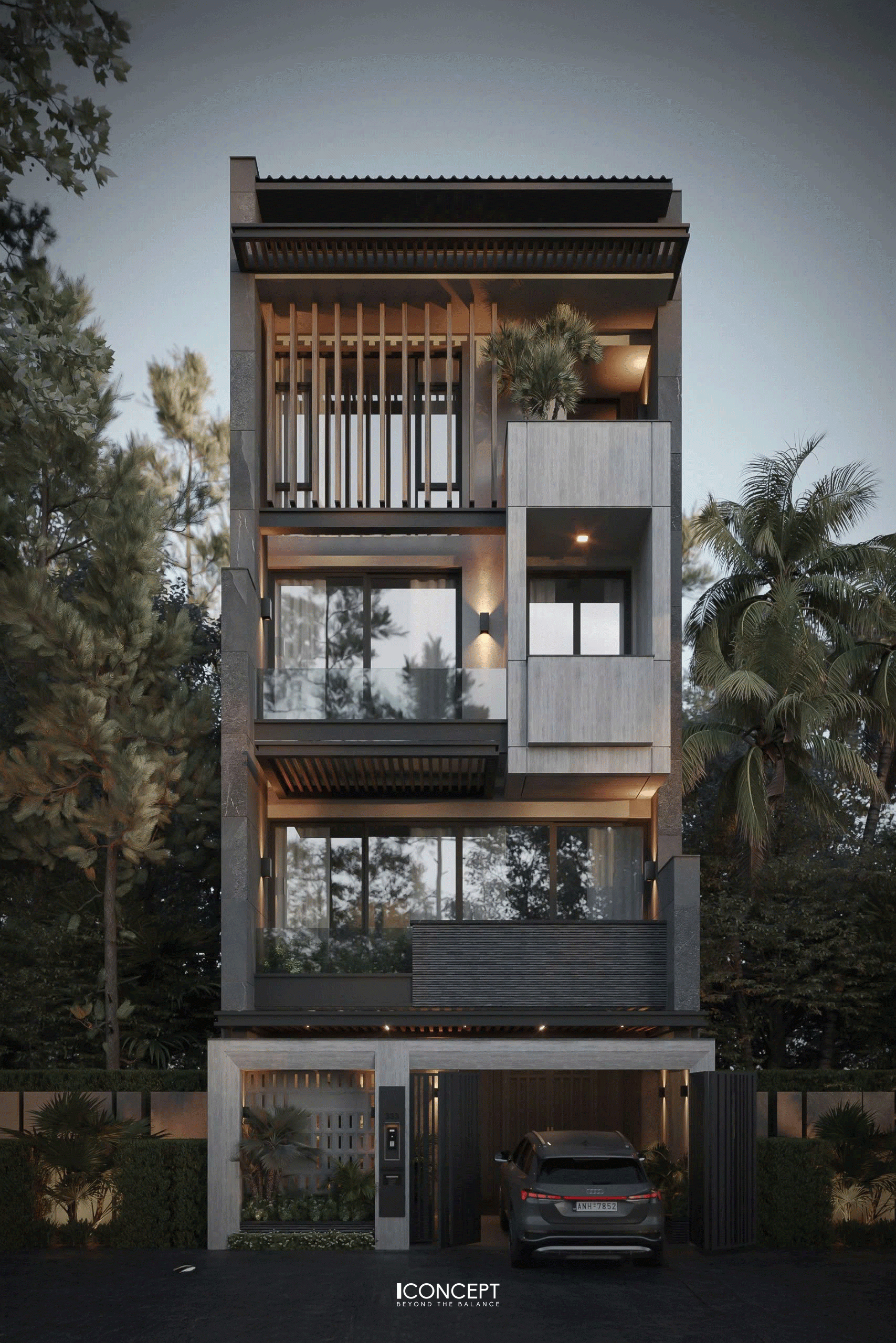 Mẫu nhà phố hiện đại 3 tầng với thiết kế tối giản, sử dụng nhiều mảng kính và không gian xanh thoáng mát.