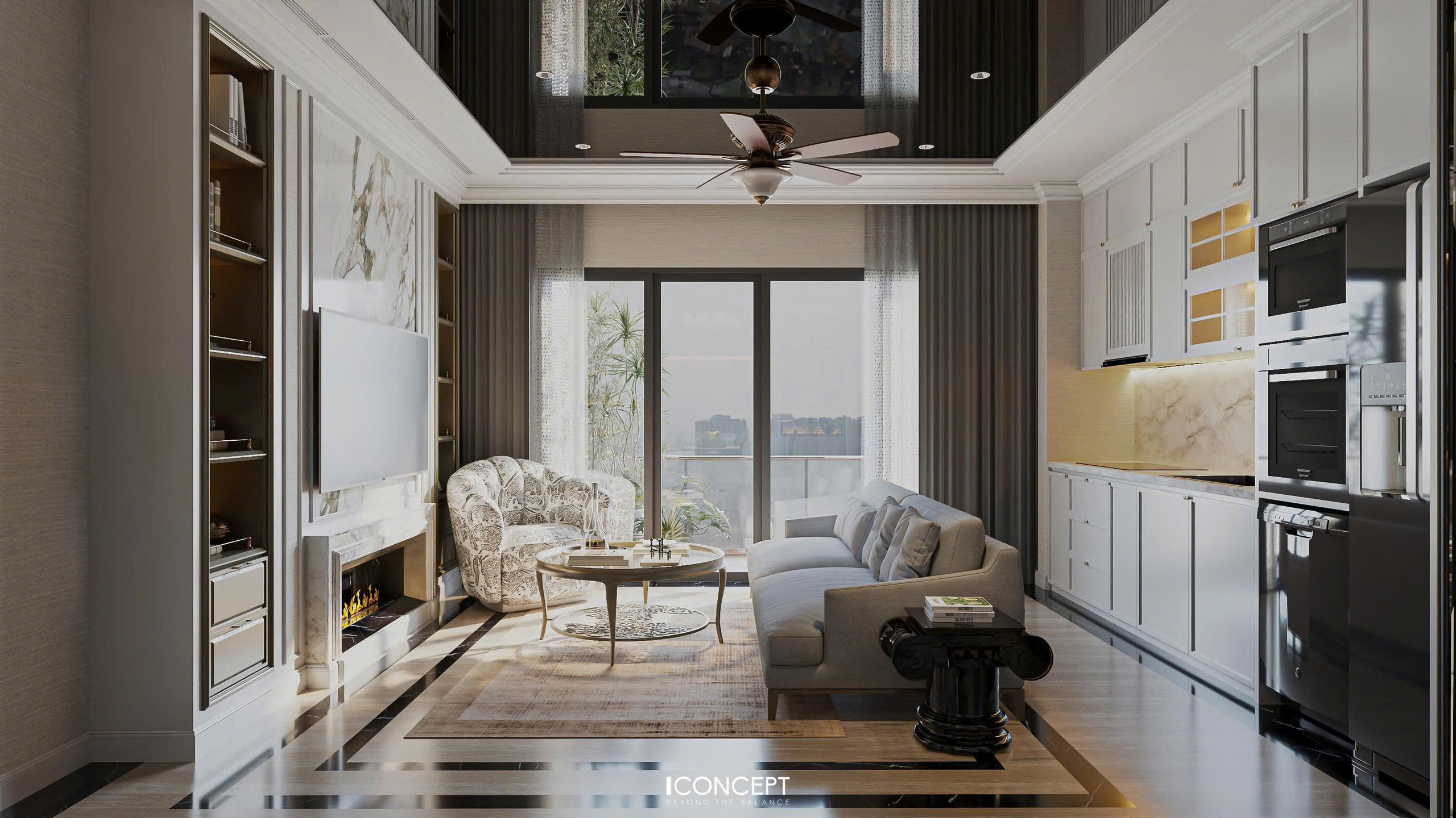 Ghế sofa đơn hoa văn nghệ thuật và bàn trà kim loại sang trọng.