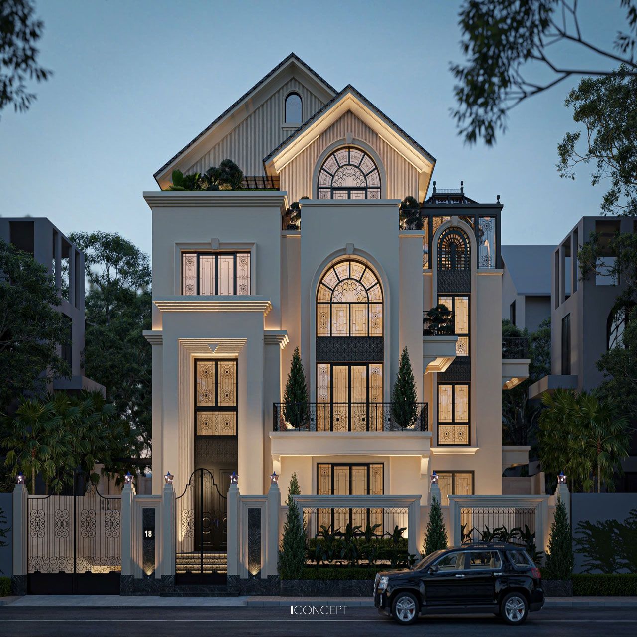 Với mặt tiền hoành tráng, những khối hình vững chắc kết hợp cùng hệ cửa vòm lớn tinh xảo, biệt thự như một tác phẩm nghệ thuật, ghi dấu ấn mạnh mẽ ngay từ ánh nhìn đầu tiên
