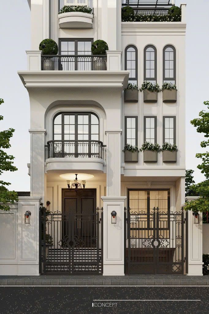 Hệ cột cao vững chãi kết hợp cửa vòm mềm mại, mang lại cảm giác uy nghi nhưng vẫn gần gũi, chào đón bước chân đầu tiên vào không gian sống.