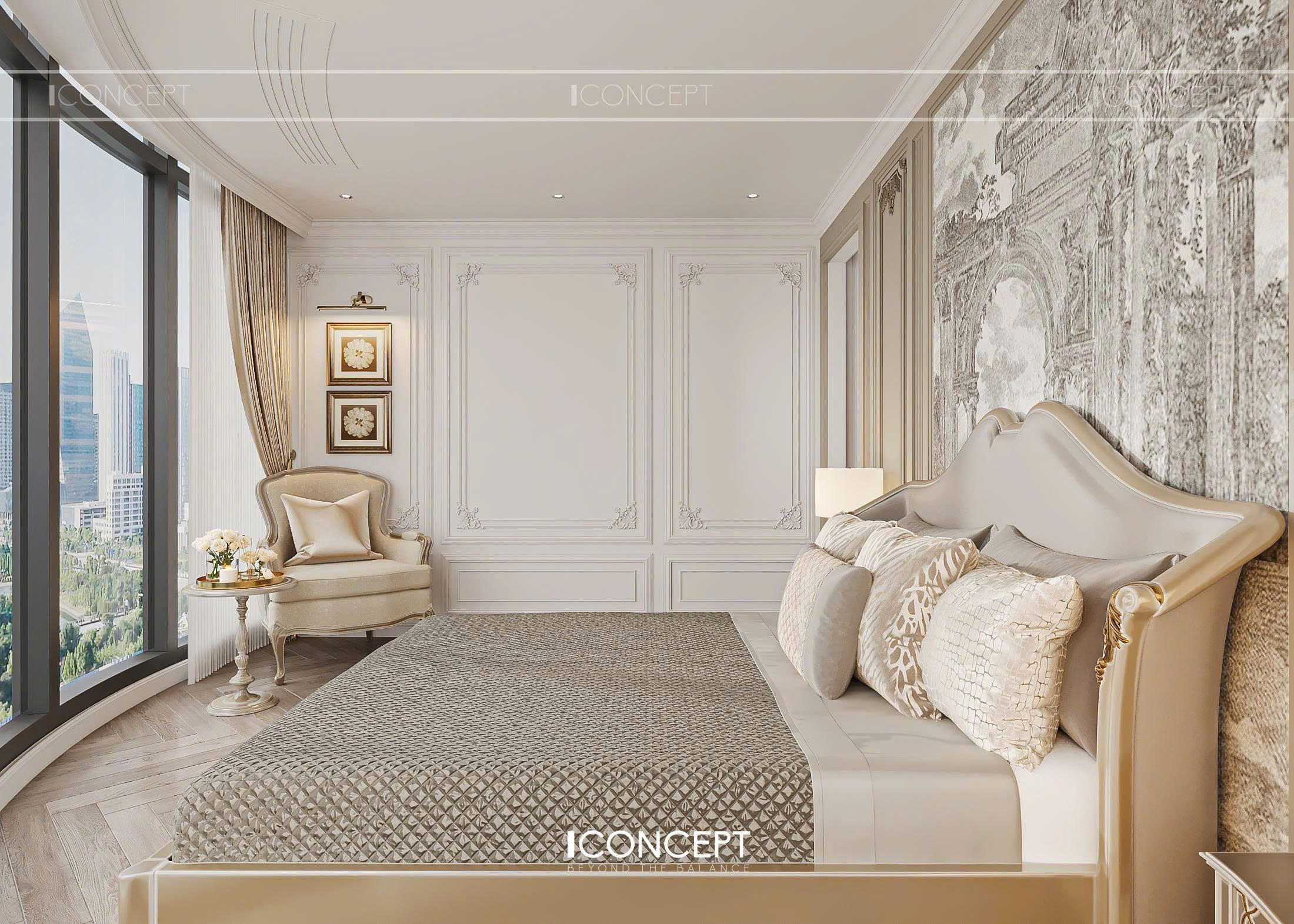 Nội thất được tinh giản, những vẫn chú trọng tinh thần Art Decor: giường ngủ bọc vải mềm mại, tủ áo âm tường tiết kiệm diện tích.