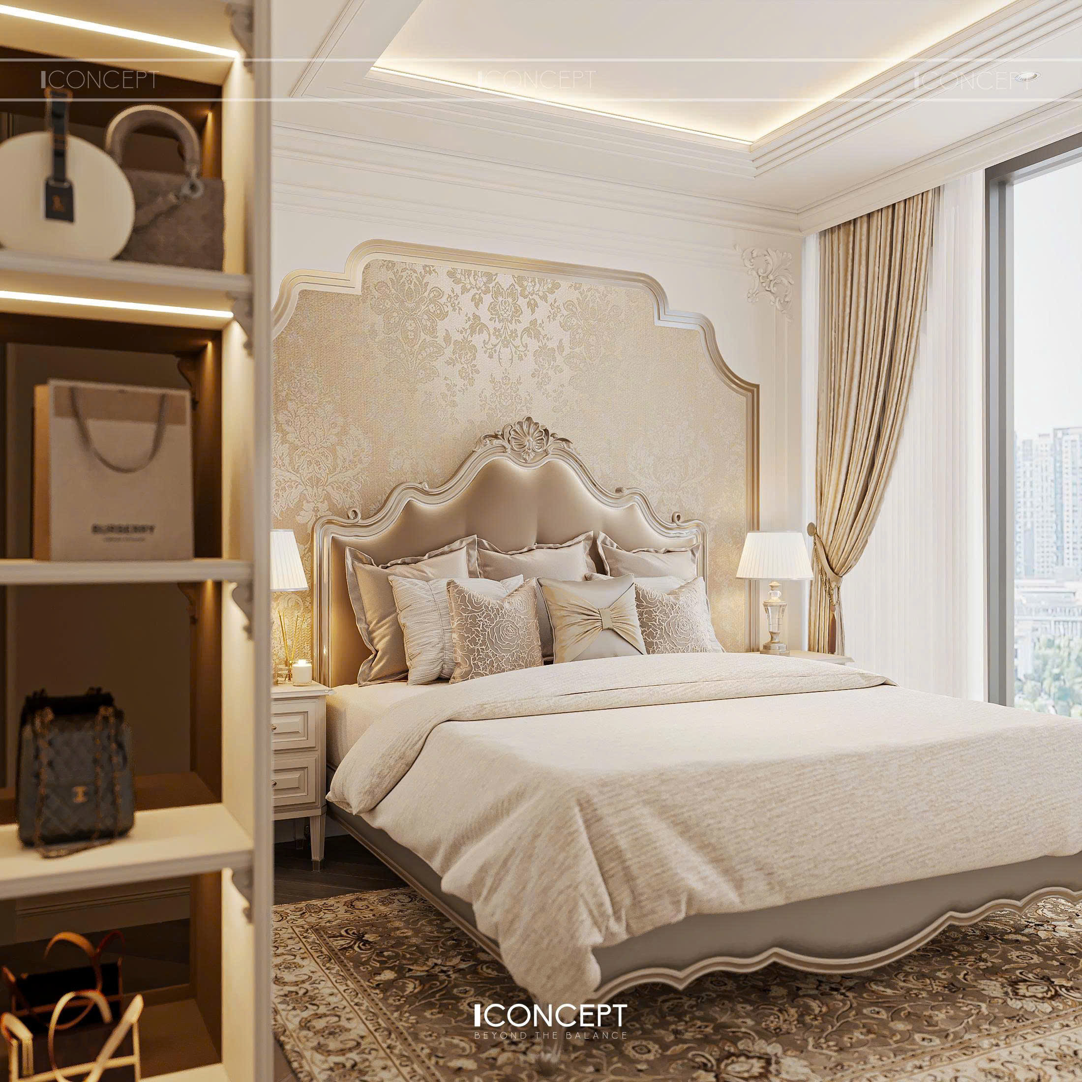 Giường ngủ thiết kế hiện đại, kết hợp cùng đầu giường bọc da cao cấp, tạo điểm nhấn sang trọng.