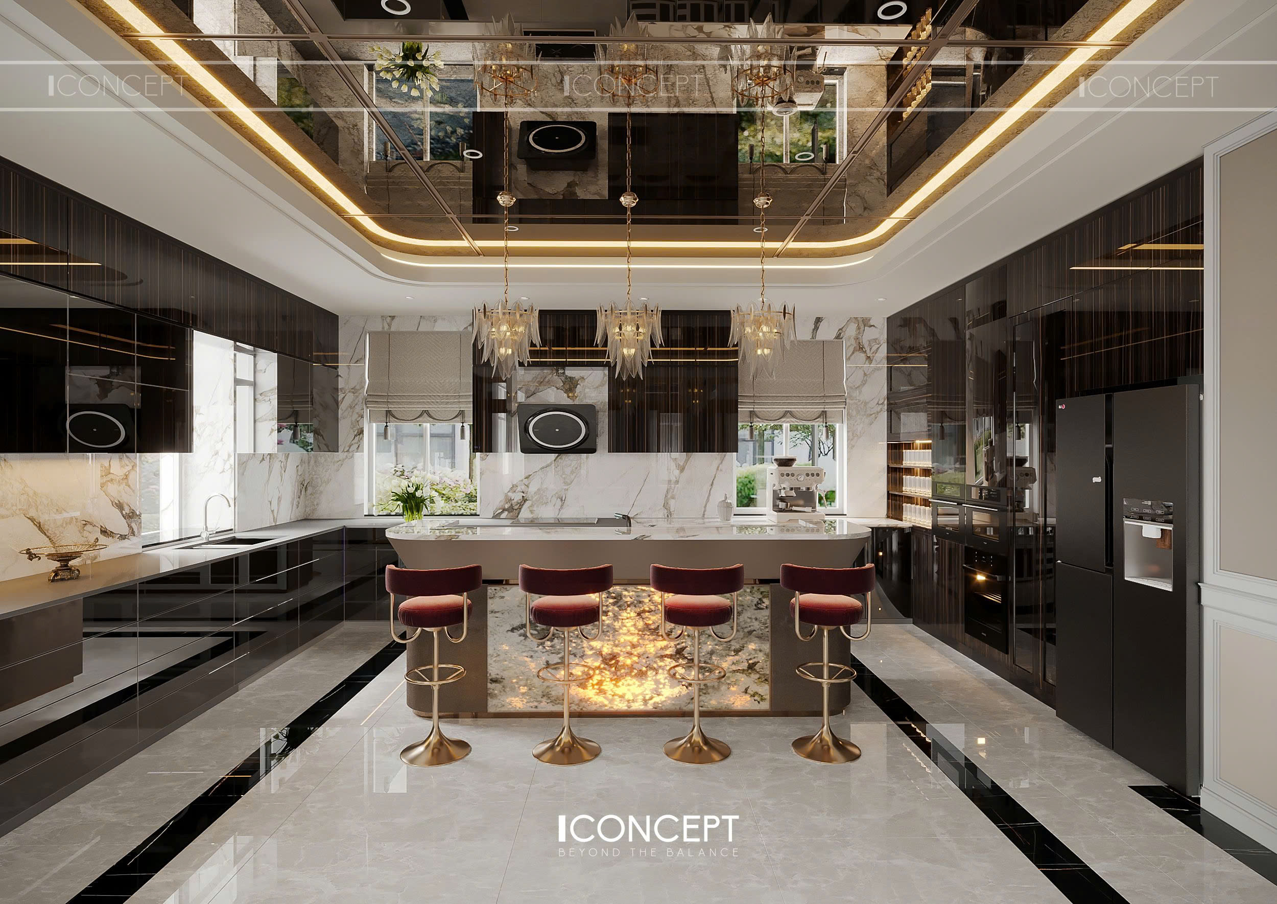 Khu bếp sử dụng hệ tủ gỗ veneer phối hợp cùng mặt đá tự nhiên vân mây tinh xảo, mang lại vẻ sang trọng và sạch sẽ.