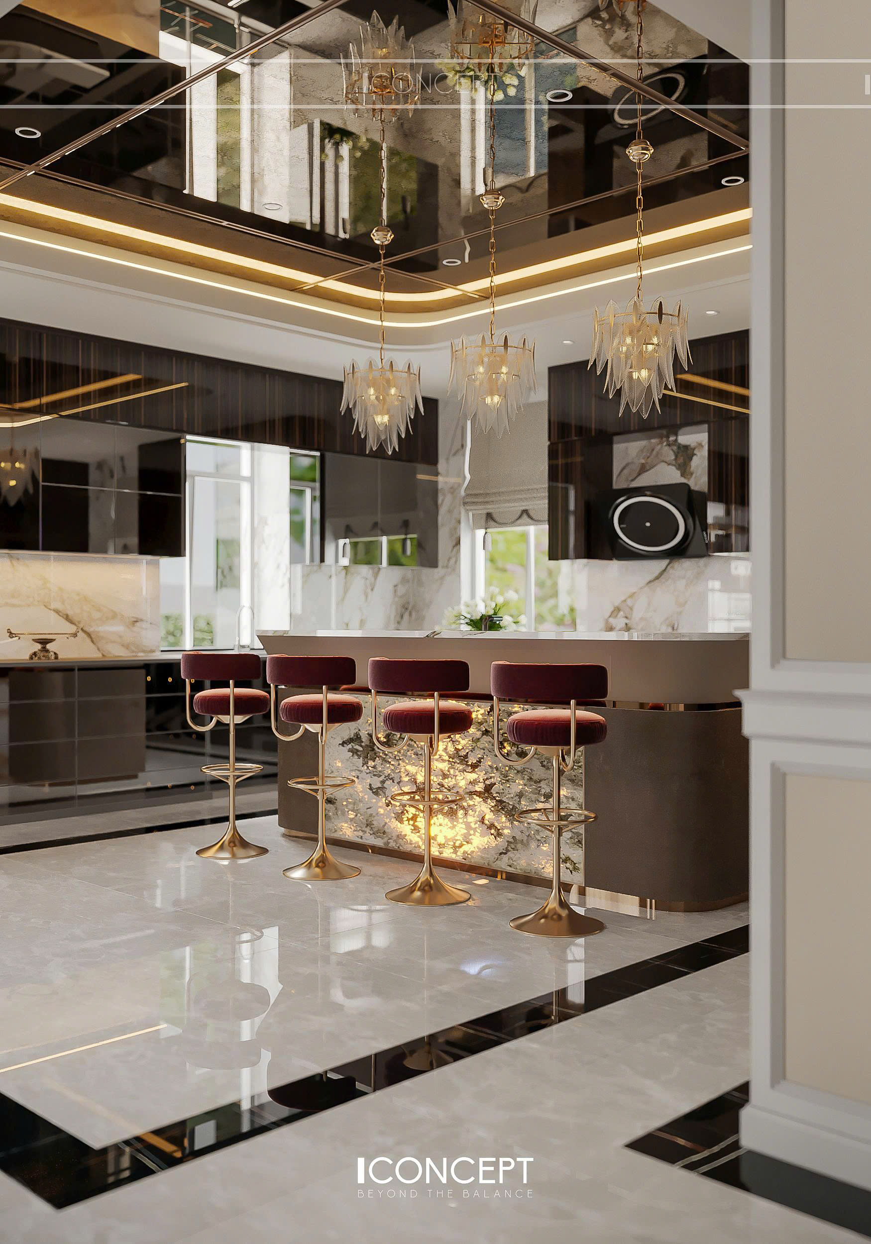 Bề mặt bàn đảo và kệ bếp được bố trí hợp lý, tạo sự thuận tiện trong quá trình nấu nướng