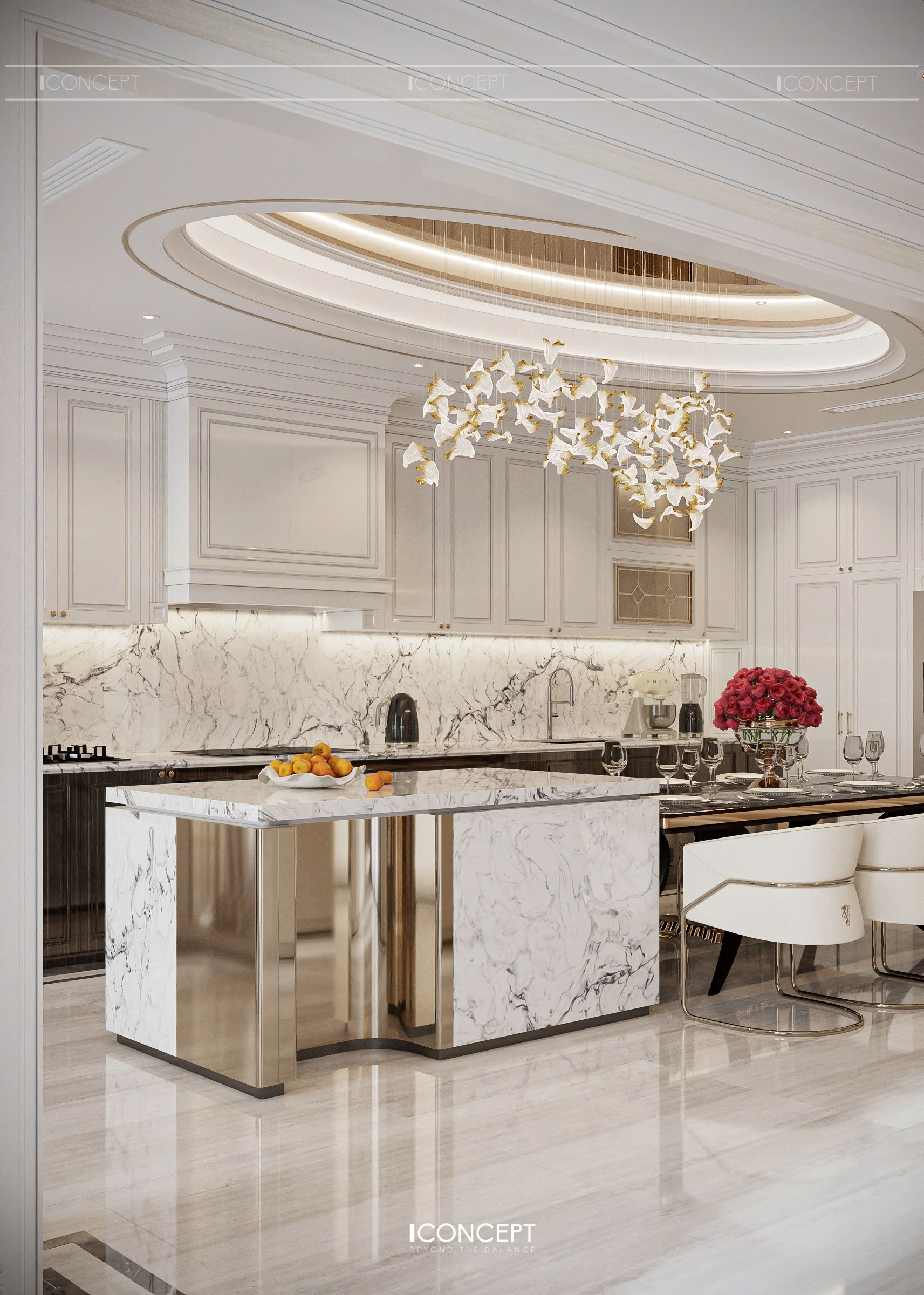 Khu bếp và quầy bar mini được thiết kế liền mạch với phòng khách, đảm bảo tính kết nối nhưng vẫn giữ sự phân tách nhờ bố cục hợp lý.