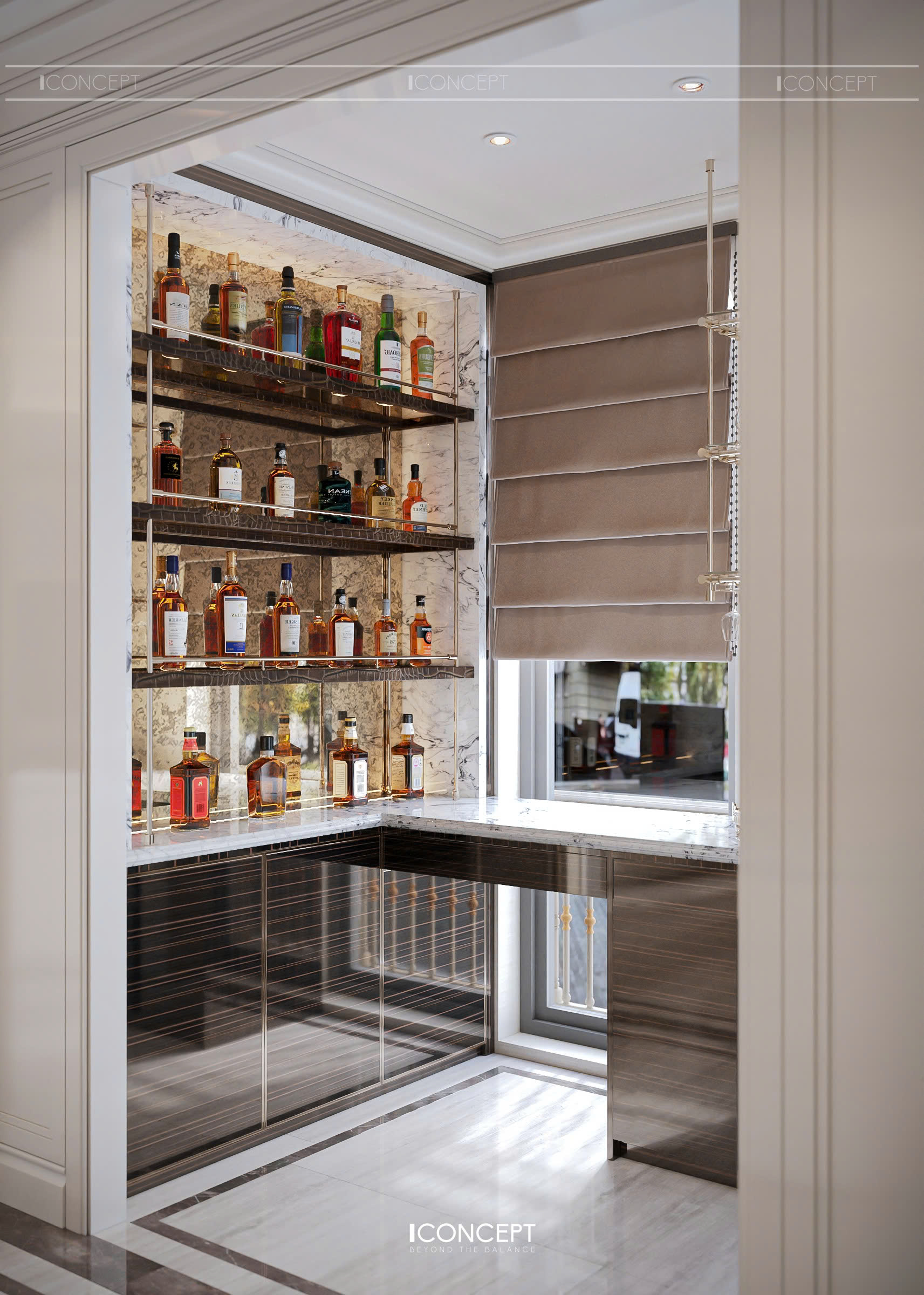 Quầy bar mini đóng vai trò như một “trạm dừng” thú vị – nơi Gia chủ có thể bắt đầu ngày mới bằng một ly cà phê hoặc kết thúc buổi tối với ly vang đỏ.