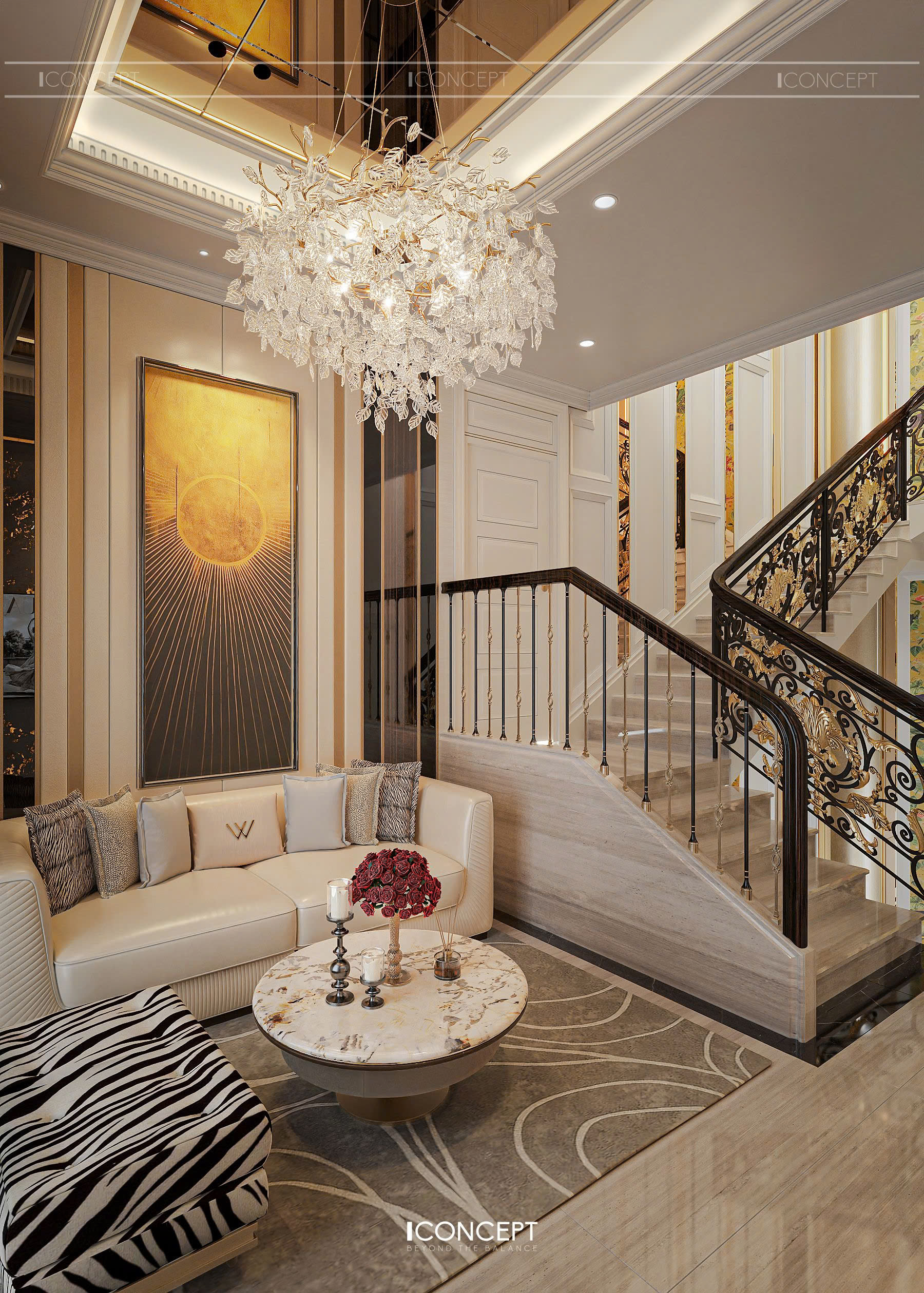 Phòng khách Tân Cổ Điển sang trọng với sofa da trắng, bàn trà đá vân mây và đèn chùm pha lê lộng lẫy. Bức tranh sắc vàng nổi bật cùng cầu thang đá và lan can sắt mỹ thuật tạo điểm nhấn tinh tế, đẳng cấp.
