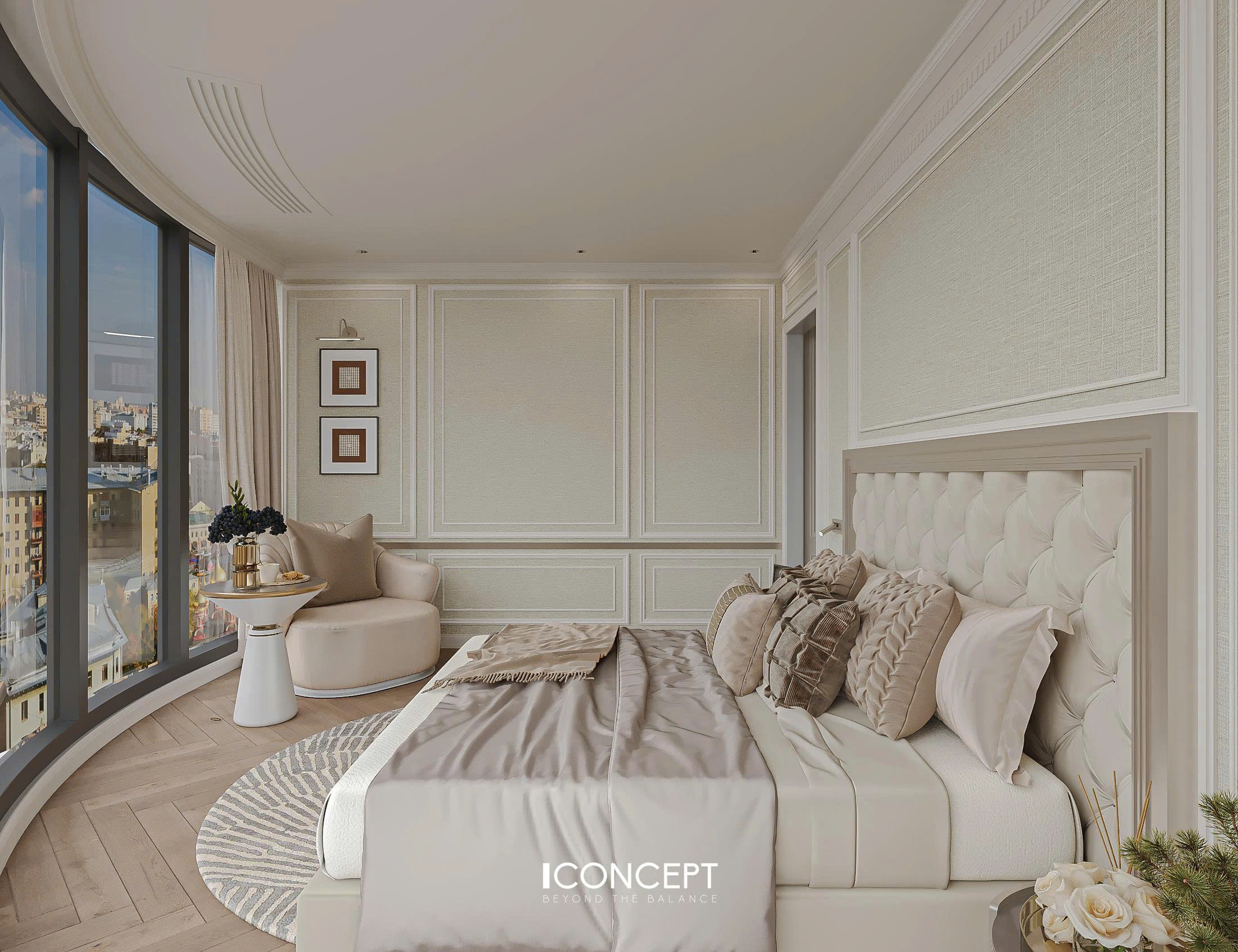 Thiết kế phòng ngủ có view đẹp với cửa kính panorama nhìn ra thành phố