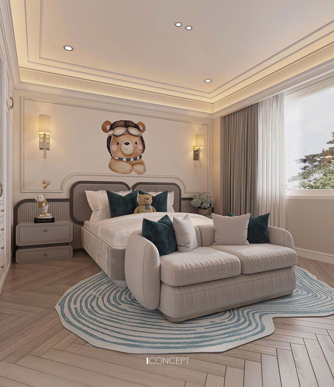Nội thất được lựa chọn gọn gàng và đa năng, từ chiếc giường ngủ tinh giản nhưng êm ái, đến bàn học liền kệ sách giúp tối ưu diện tích, cùng hệ tủ quần áo thiết kế thông minh mang lại sự tiện nghi mà vẫn đảm bảo tính thẩm mỹ. Tất cả được sắp đặt khoa học, tạo nên một bố cục cân bằng giữa công năng và thẩm mỹ, đồng thời giúp căn phòng luôn thoáng đãng, gọn gàng.
