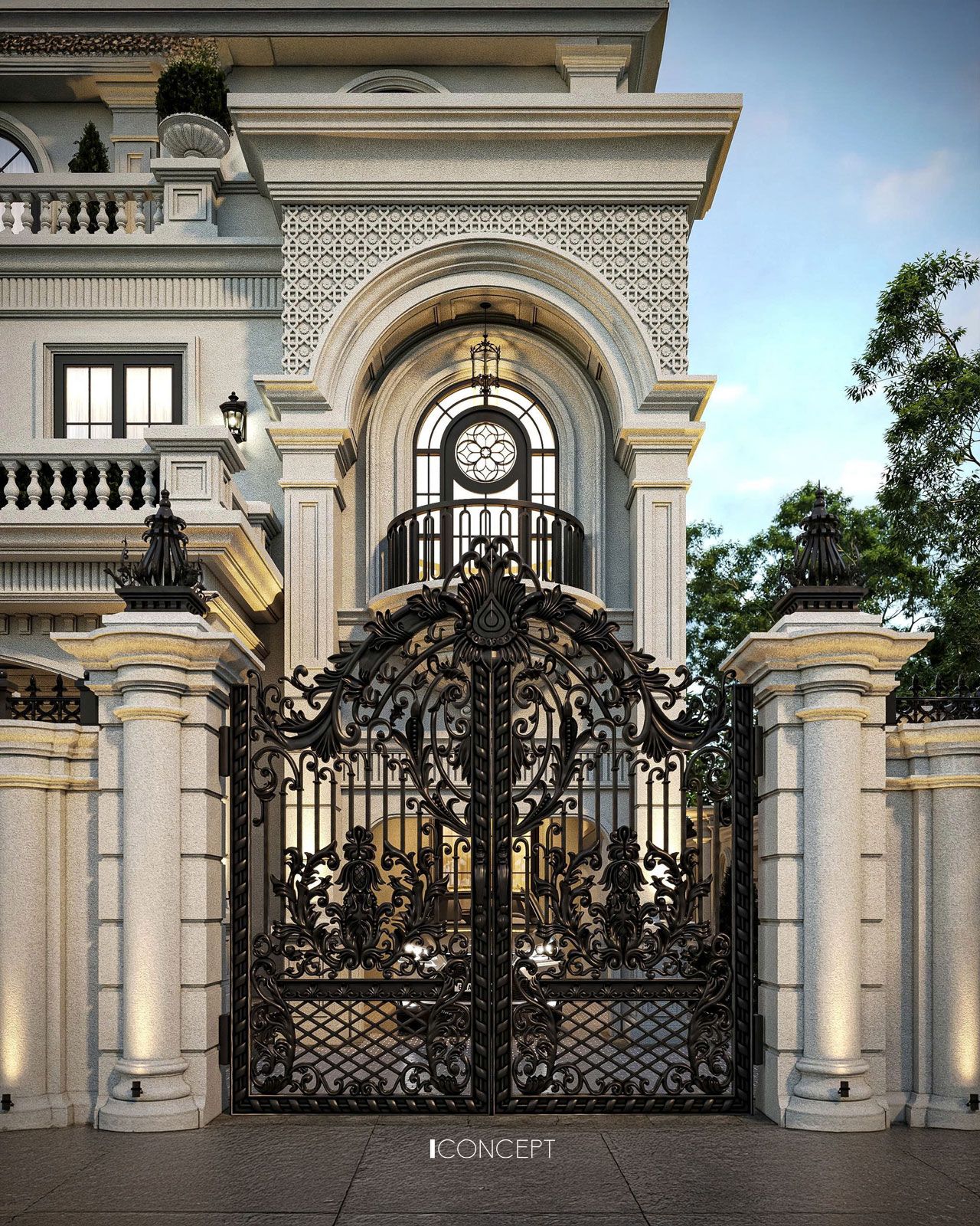 Hệ ban công sắt nghệ thuật với hoa văn uốn lượn tinh tế vừa đảm bảo độ bền chắc, vừa thổi hồn lãng mạn vào mặt tiền biệt thự.