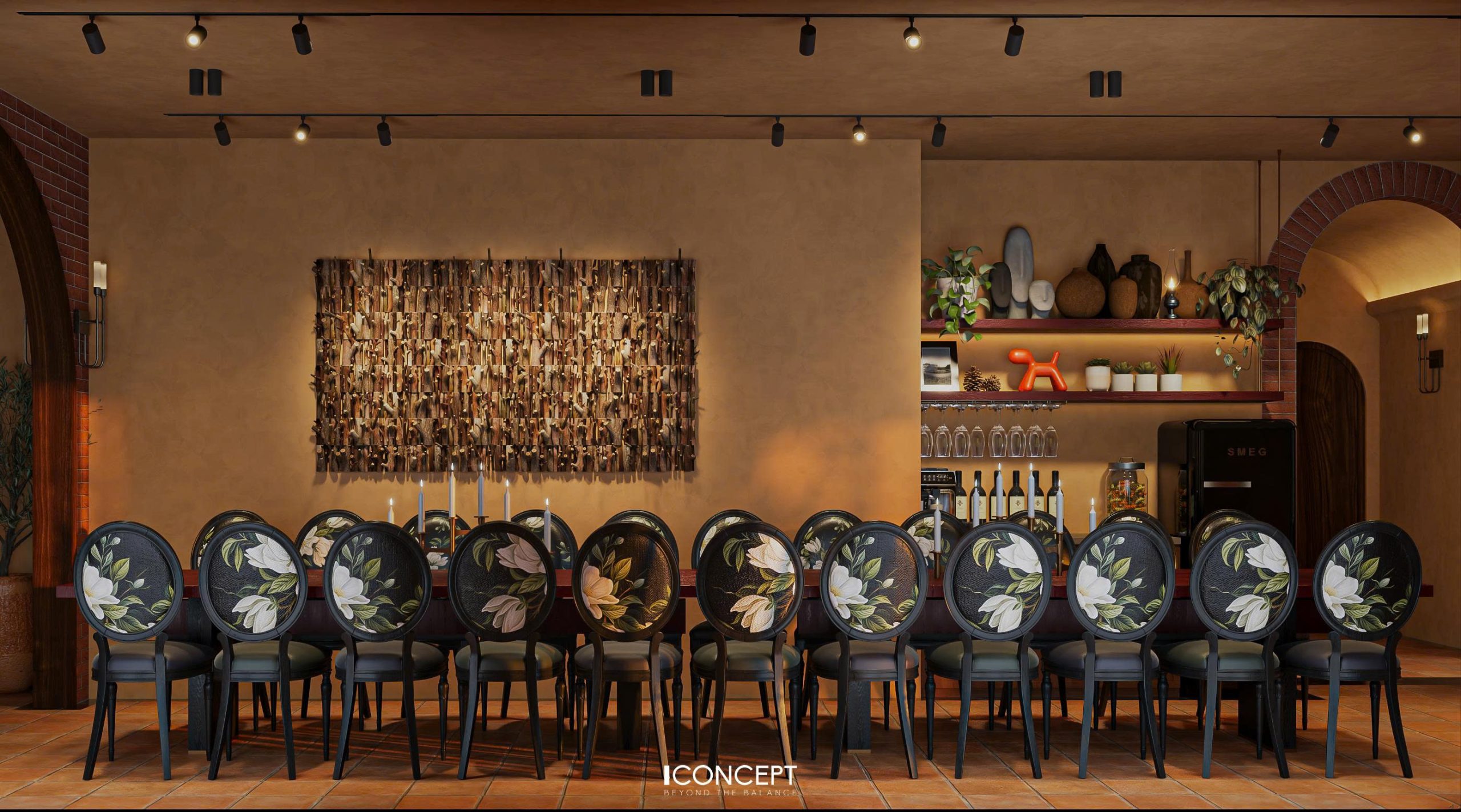 Bàn ăn rustic mộc mạc, kết nối mọi người qua từng bữa cơm thân tình, tạo nên những kỷ niệm khó quên nơi phố núi.
