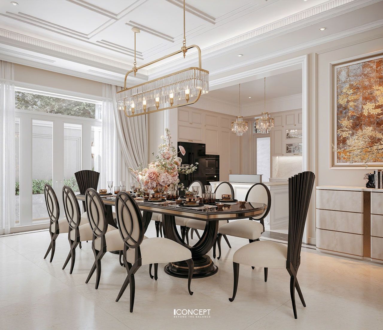 Thiết kế bàn ăn tone màu nổi bật tạo điểm nhấn cho không gian 