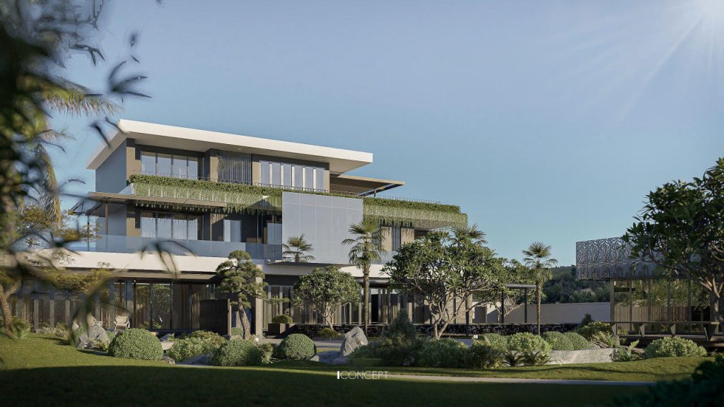 Biệt thự hiện lên với hình khối Modern Tropical Villa – hiện đại, mạnh mẽ nhưng vẫn gần gũi với thiên nhiên.