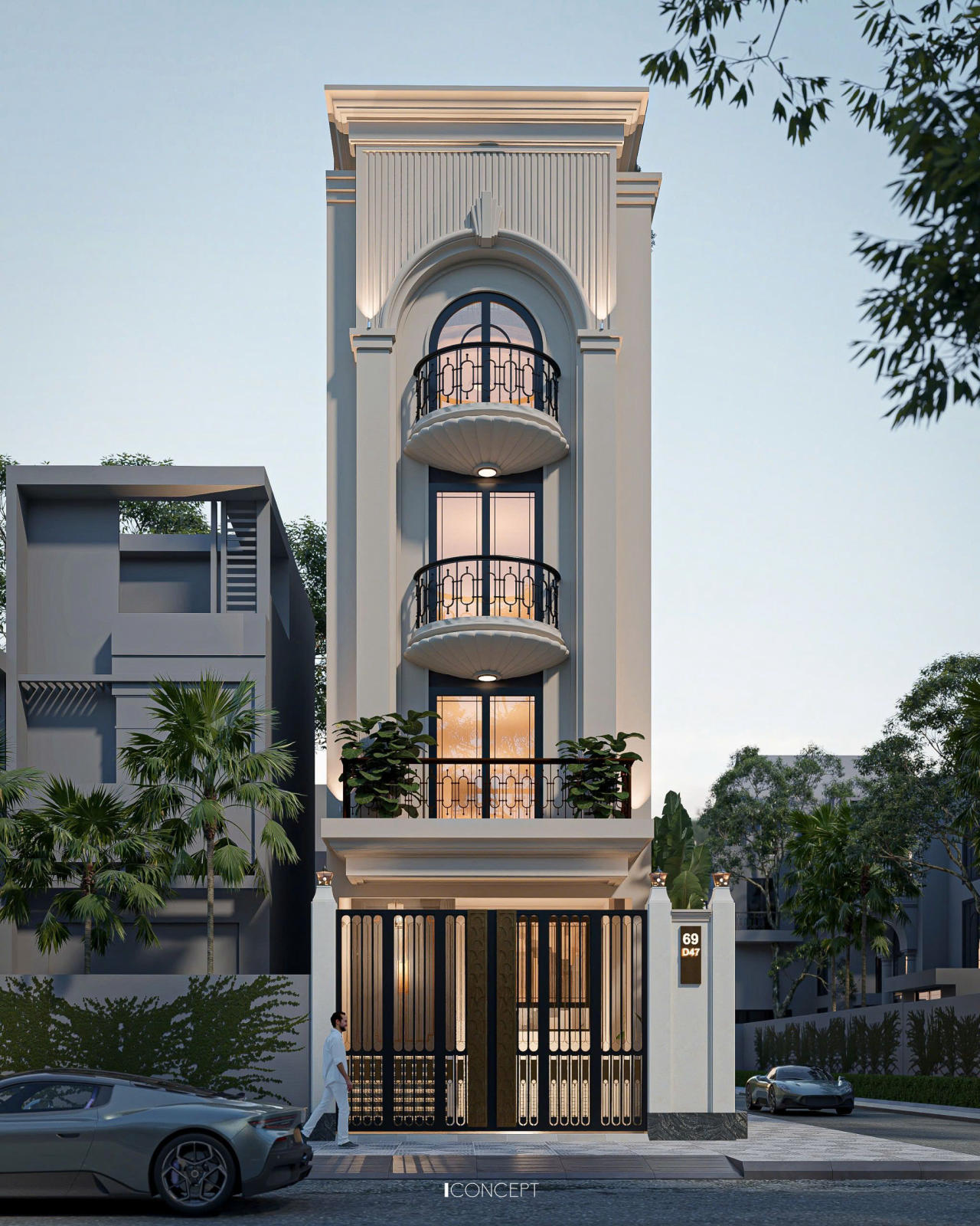 Tổng thể kiến trúc được định hình từ những mảng khối cân đối, với tỷ lệ hài hòa giữa đường nét cổ điển mềm mại và ngôn ngữ hình học đương đại, tạo nên vẻ đẹp bền vững theo thời gian.