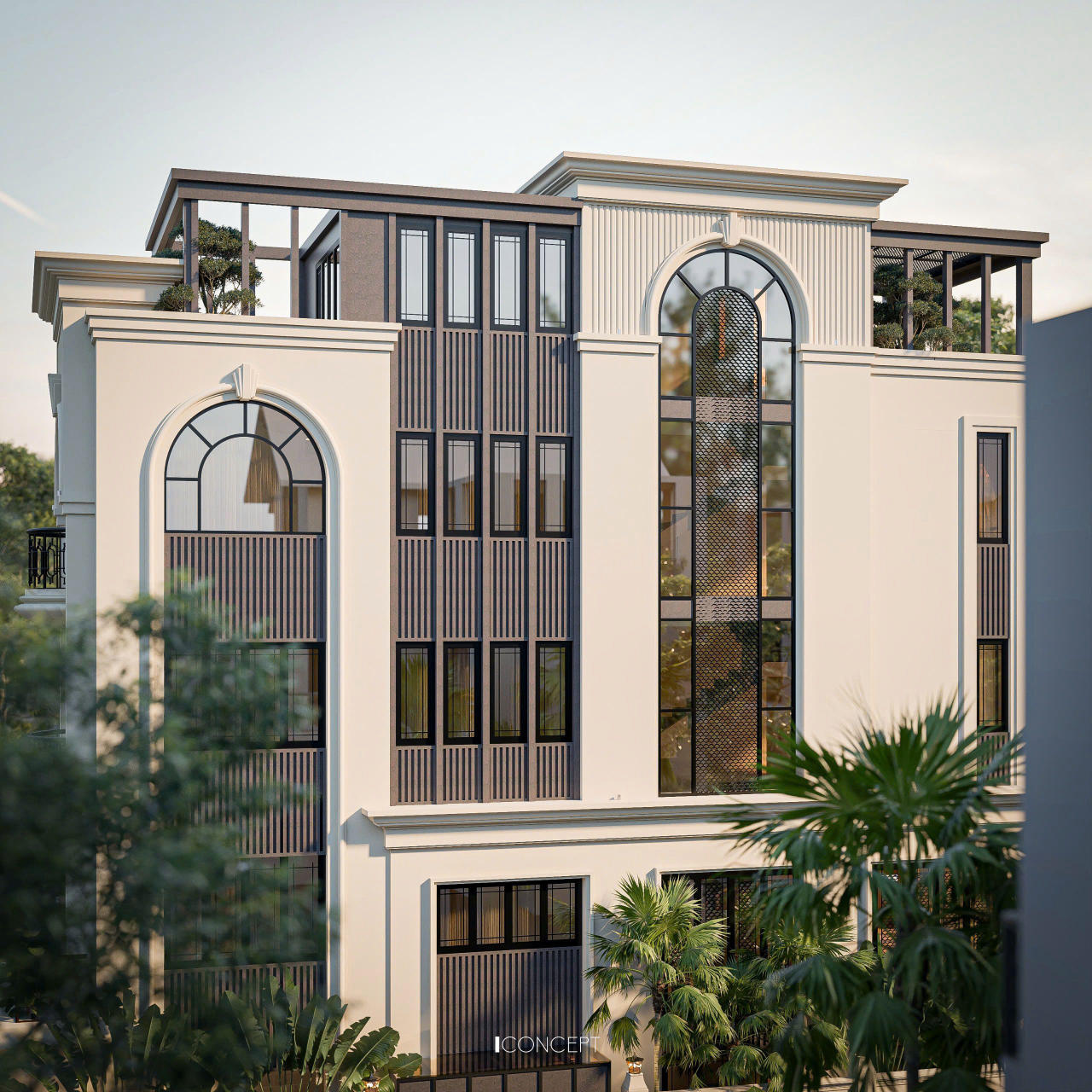 Các khung cửa kính lớn và ban công uốn cong mềm mại là chi tiết đắt giá, giúp không gian nội thất đón trọn ánh sáng tự nhiên.