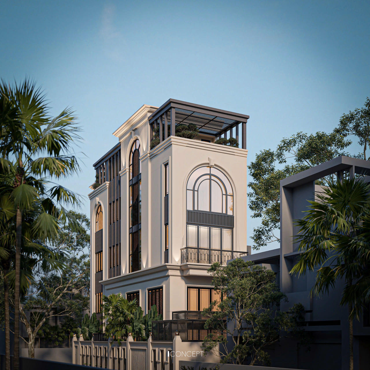 Sự kết hợp giữa vật liệu hiện đại và hình thái cổ điển giúp công trình giữ được vẻ đĩnh đạc, tinh tế mà vẫn trẻ trung và thời thượng.