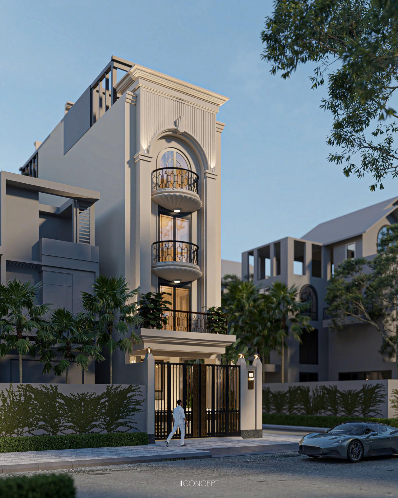 Mặt đứng công trình nổi bật với hệ cột đối xứng và các chi tiết phào chỉ tinh tế, được tiết chế vừa đủ để tôn lên vẻ sang trọng nhưng không nặng nề.