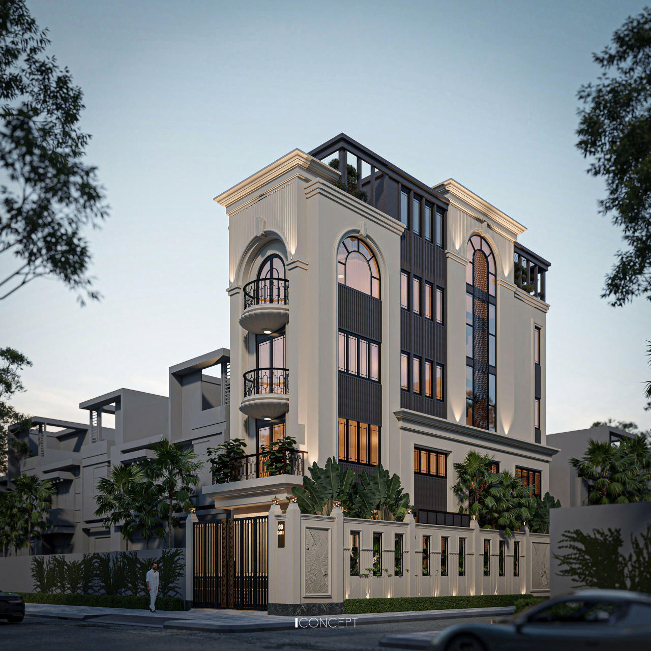 Cấu trúc công trình sử dụng bố cục đăng đối cổ điển nhưng được diễn giải lại qua ngôn ngữ hiện đại: mảng khối rõ ràng, đường gờ nhẹ và phào chỉ phẳng.