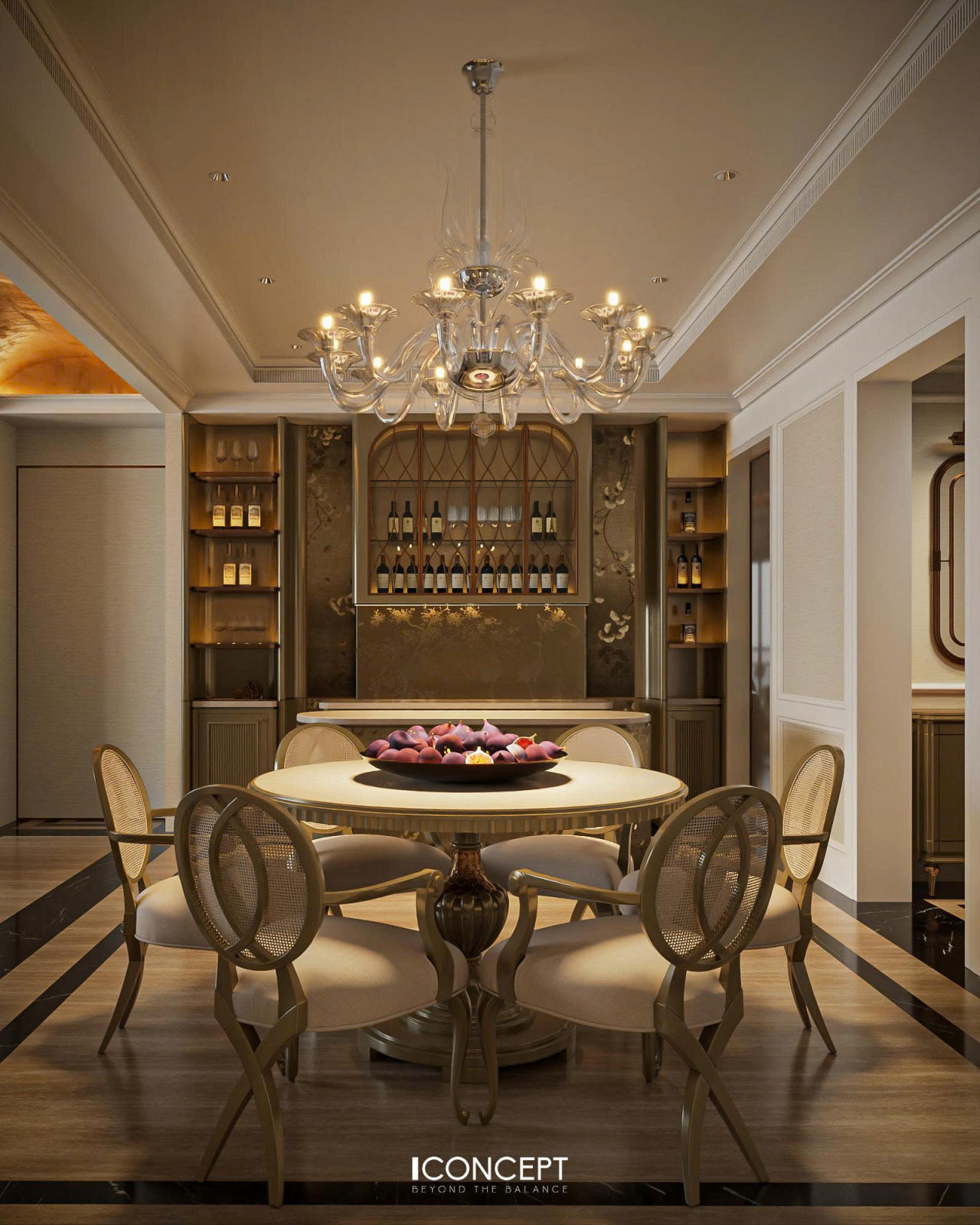 Chiếc đèn chùm pha lê đặt giữa trần mang đến ánh sáng dịu nhẹ, tạo điểm nhấn sang trọng mà vẫn giữ sự thanh lịch và quý phái cho phòng bếp