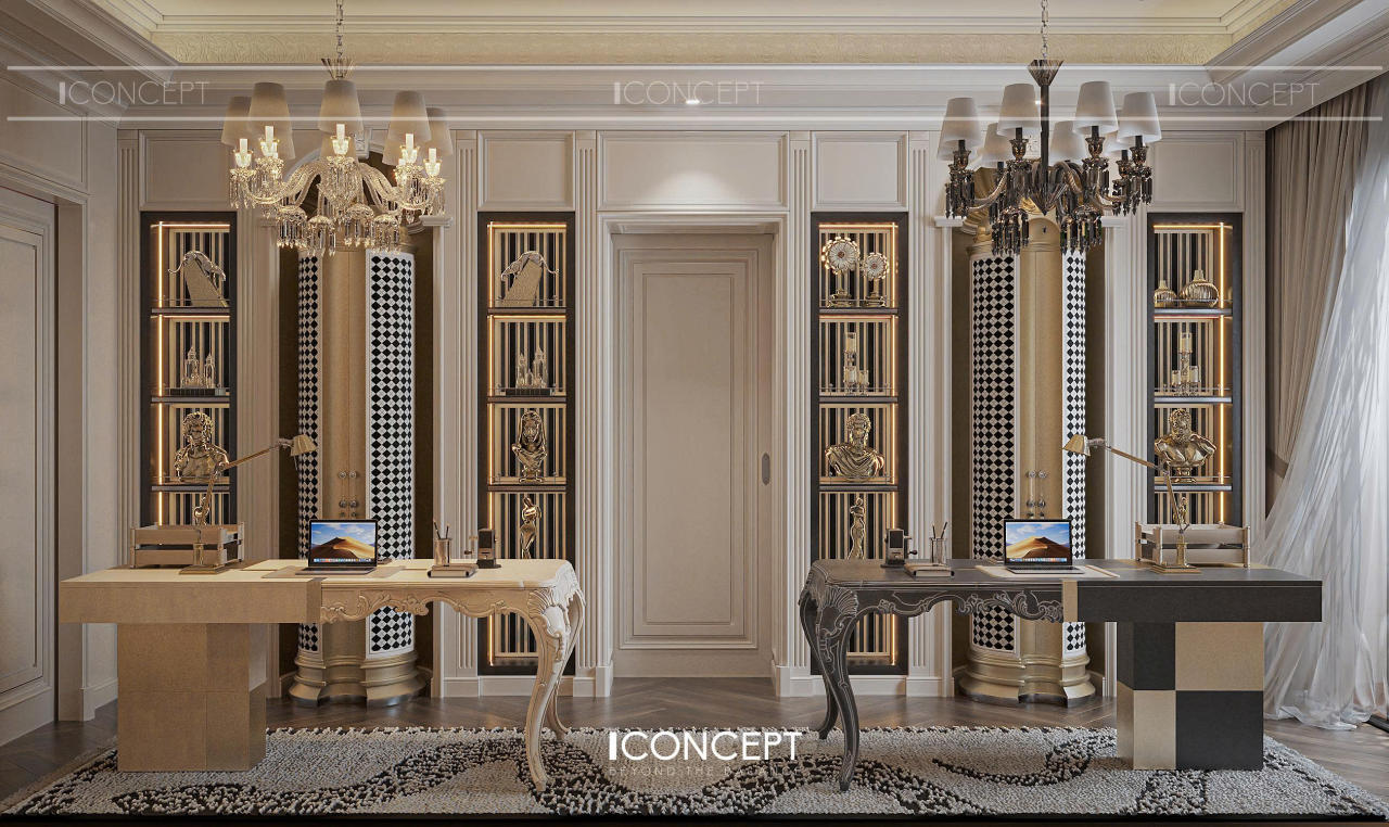 Không gian được tổ chức theo trục đối xứng kinh điển, thể hiện sự uy nghi và chuẩn mực của phong cách Tân Cổ Điển.