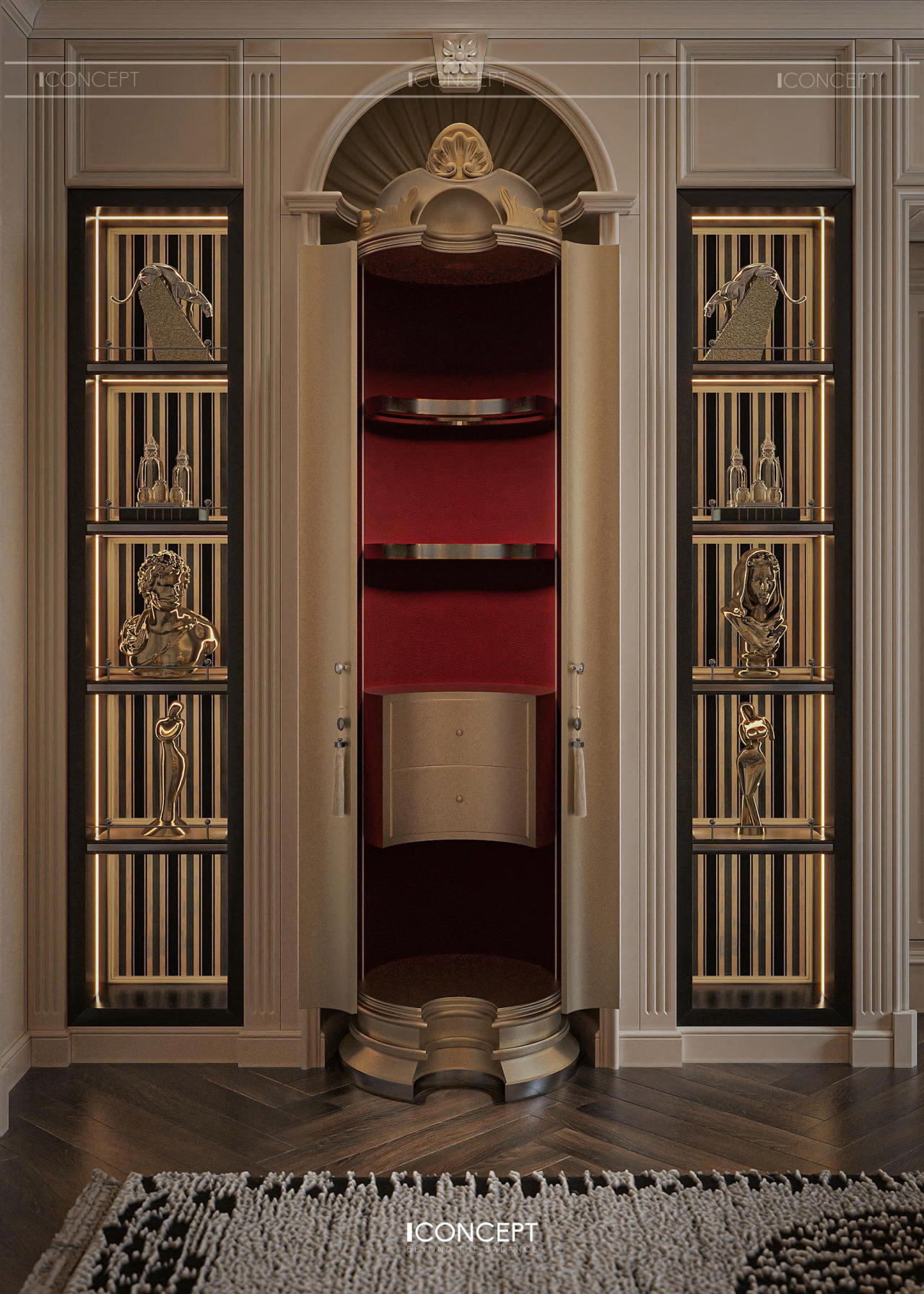 Dải LED chiếu nhẹ theo từng tầng kệ, tôn vinh chiều sâu và biến mỗi cuốn sách thành một điểm nhấn nghệ thuật.