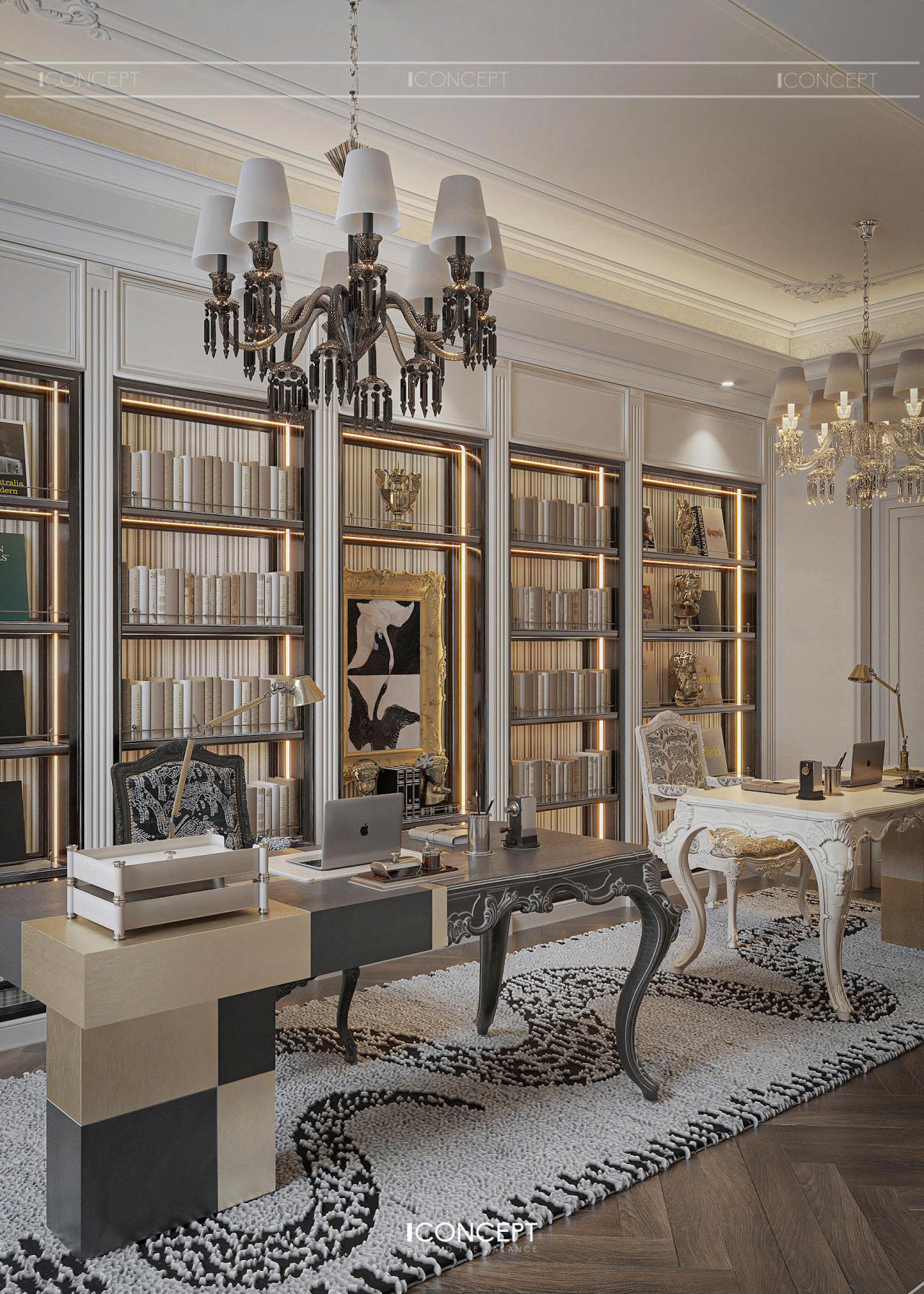 Cặp bàn được bố trí song song, tạo sự cân bằng và thể hiện tinh thần chỉn chu trong từng quyết định thiết kế.