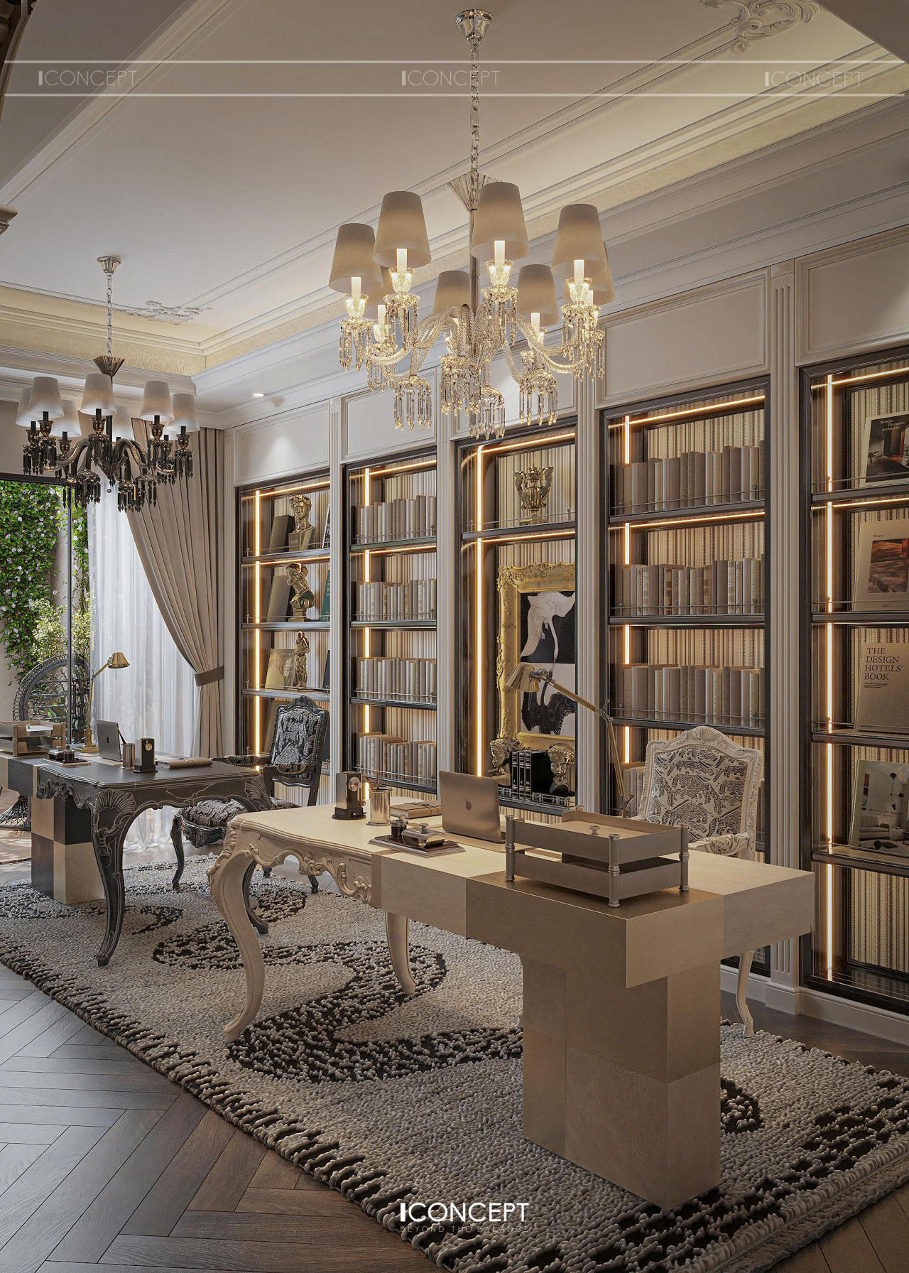 Hệ kệ lớn ôm trọn không gian, mang đến cảm giác đồ sộ nhưng vẫn tinh tế nhờ tỉ lệ hài hòa.