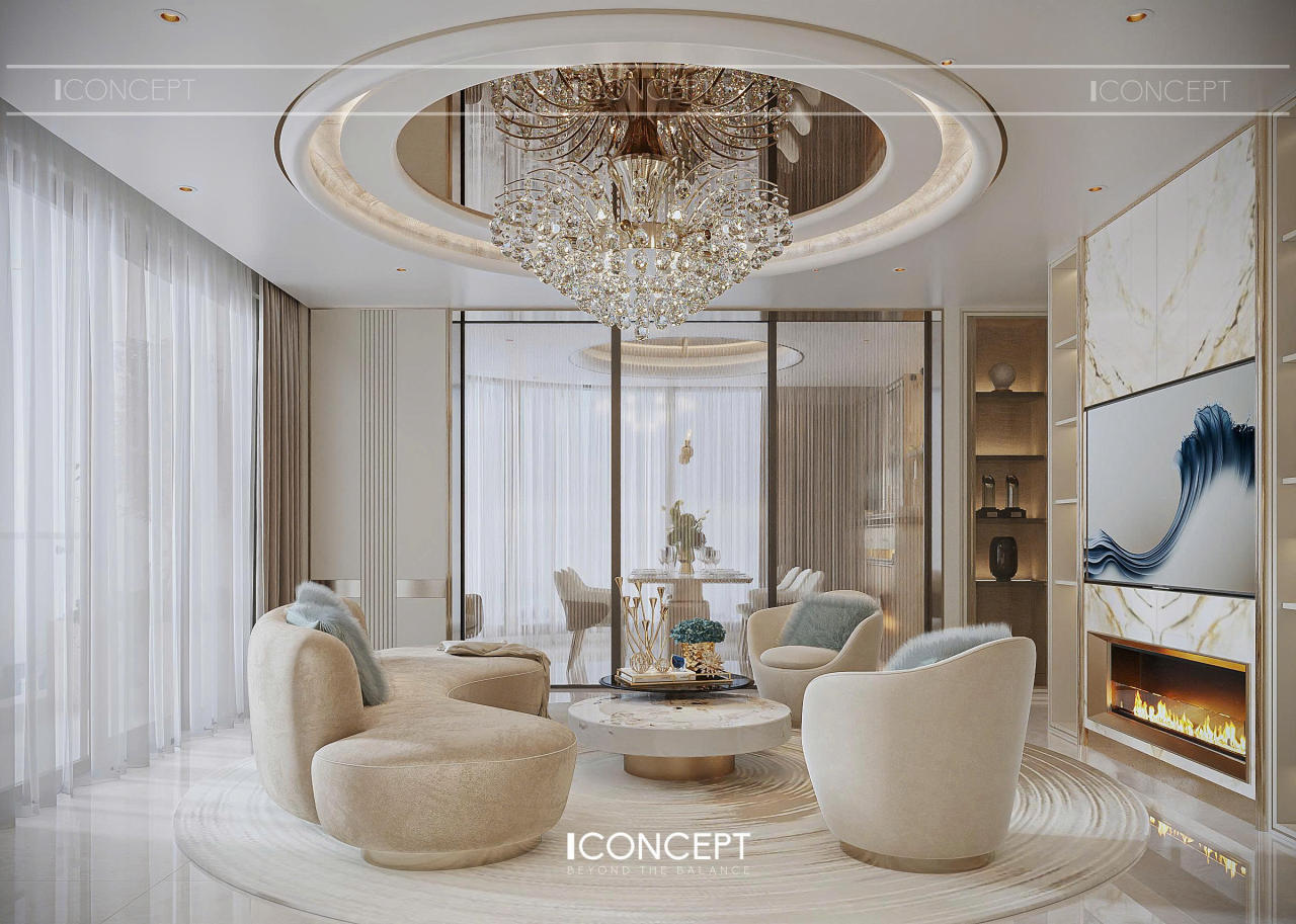 Hệ vật liệu cao cấp kết hợp ánh sáng gián tiếp mang đến cảm giác ấm áp và đẳng cấp cho khu vực sinh hoạt chung của gia đình.