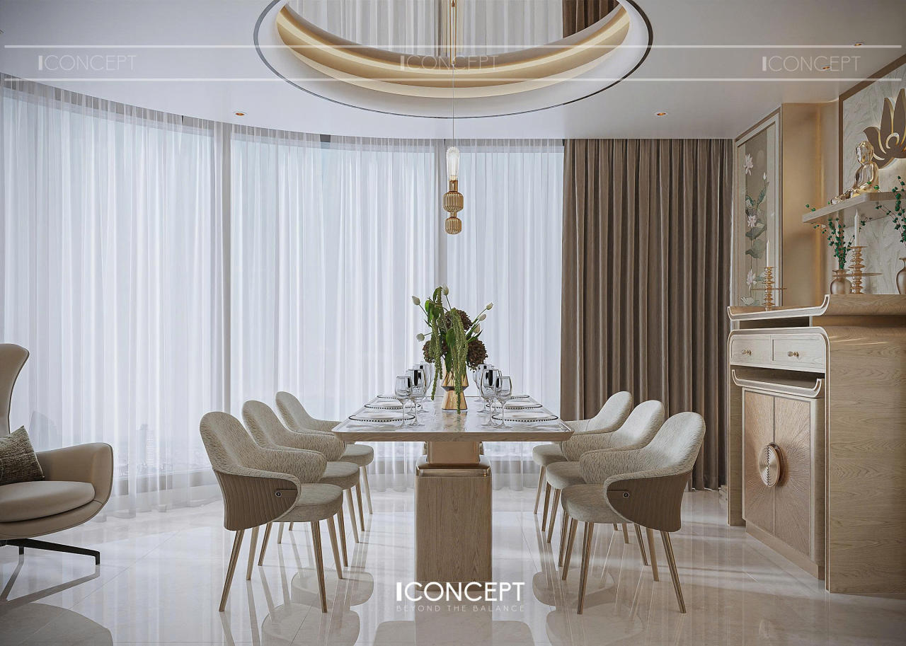 Hệ đèn thả tinh giản cùng các chi tiết kim loại ánh vàng tạo nên nét sang trọng nhẹ nhàng cho khu vực nấu nướng và kết nối sinh hoạt.