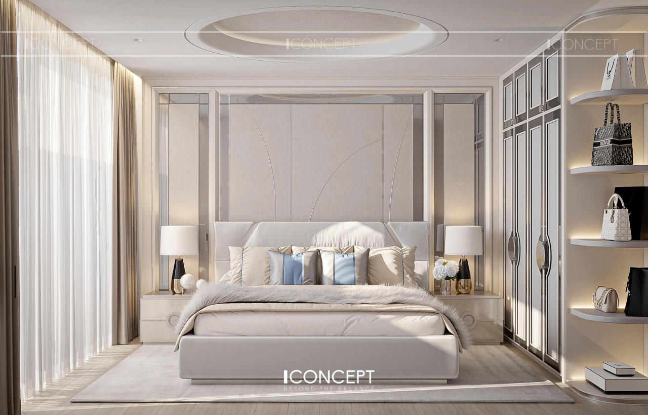 Không gian phòng ngủ master hướng đến sự thư giãn và riêng tư với bảng màu trung tính nhẹ nhàng.